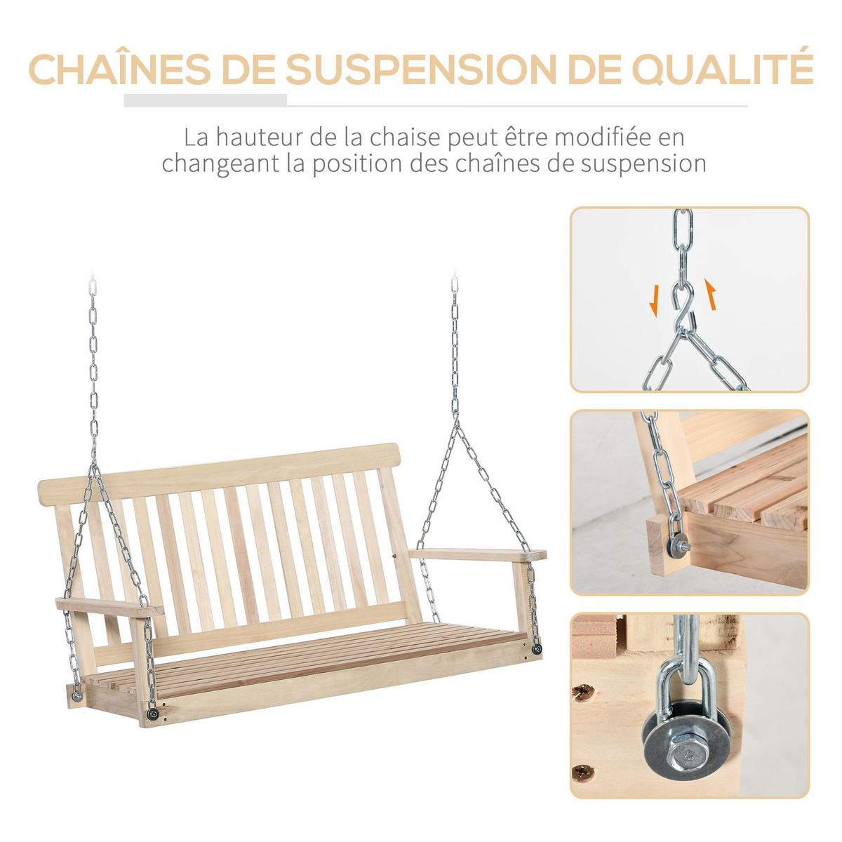 OUTSUNNY Banc suspendu 2 places en bois - dossier assise à lattes - max. 200Kg - chaînes réglables acier galvanisé