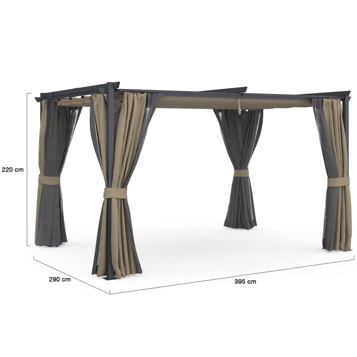 ID MARKET Pergola édition intégrale moustiquaire toit rétractable 3x4 M et 4 rideaux taupe