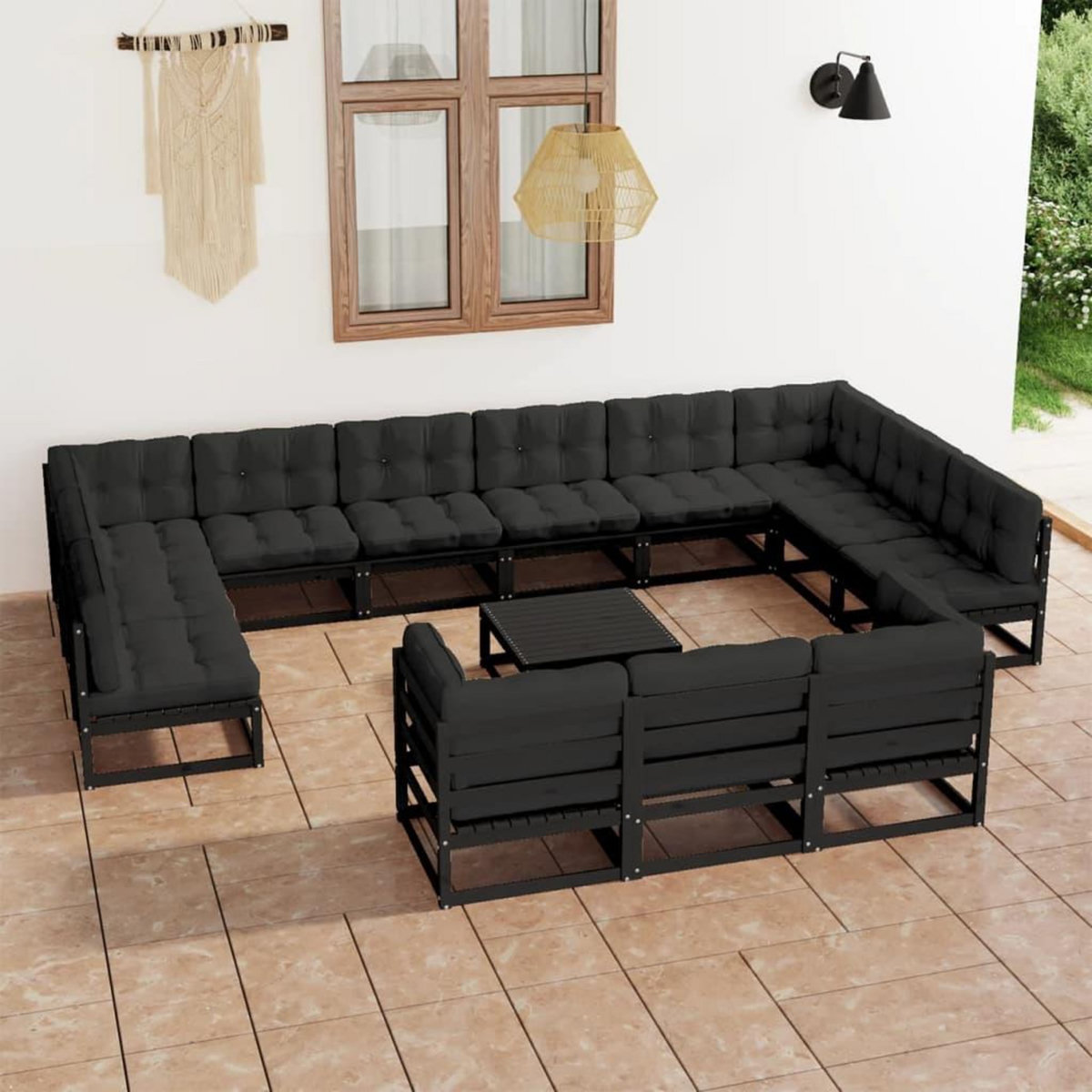 VIDAXL Salon de jardin 14 pcs avec coussins Noir Bois de pin massif