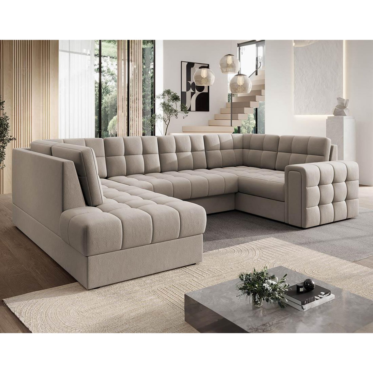 BEST MOBILIER Nappa - canapé panoramique d'angle droit 7 places convertible avec coffre en velours