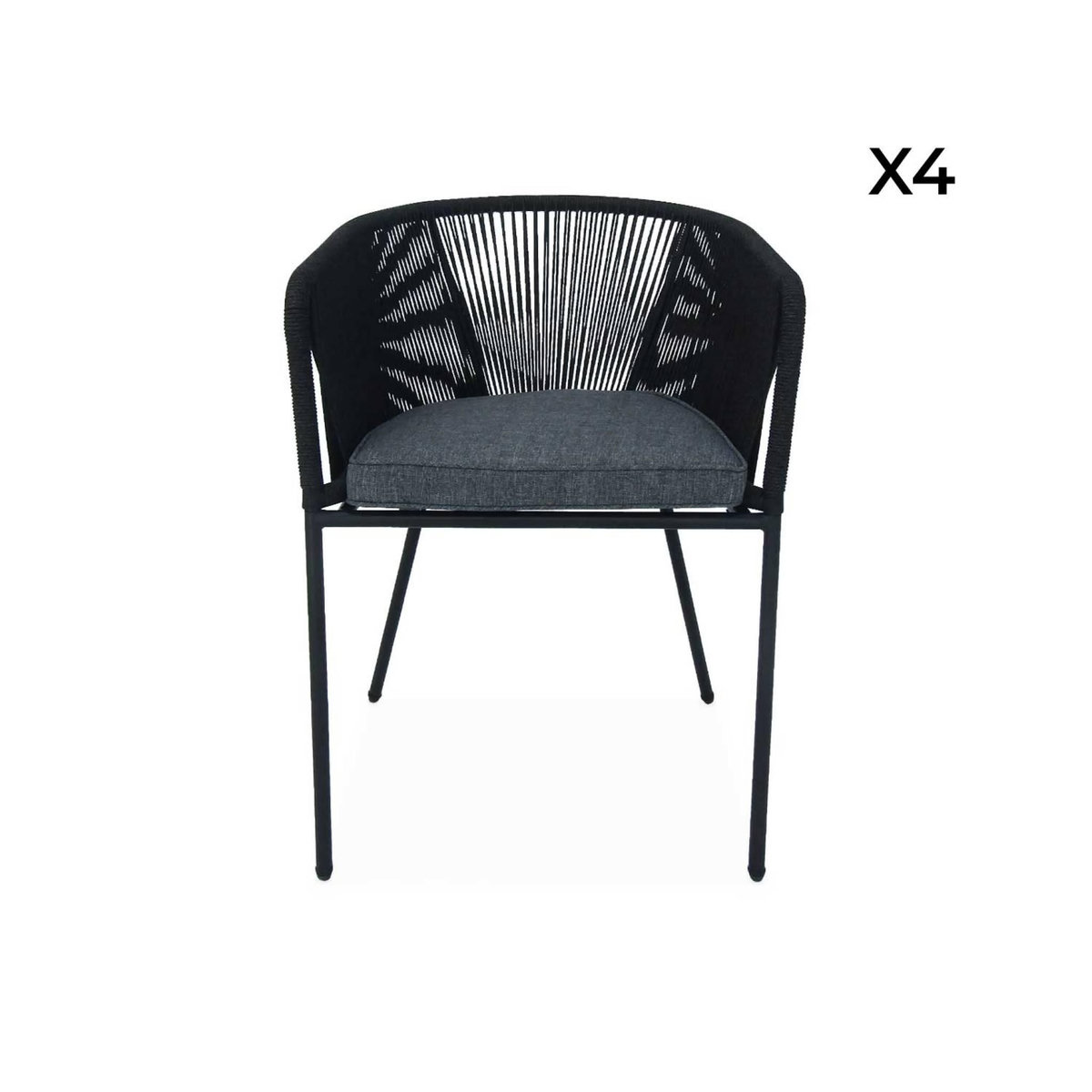 SWEEEK Lot de 4 fauteuils de jardin en corde noire et acier galvanisé. coussin gris