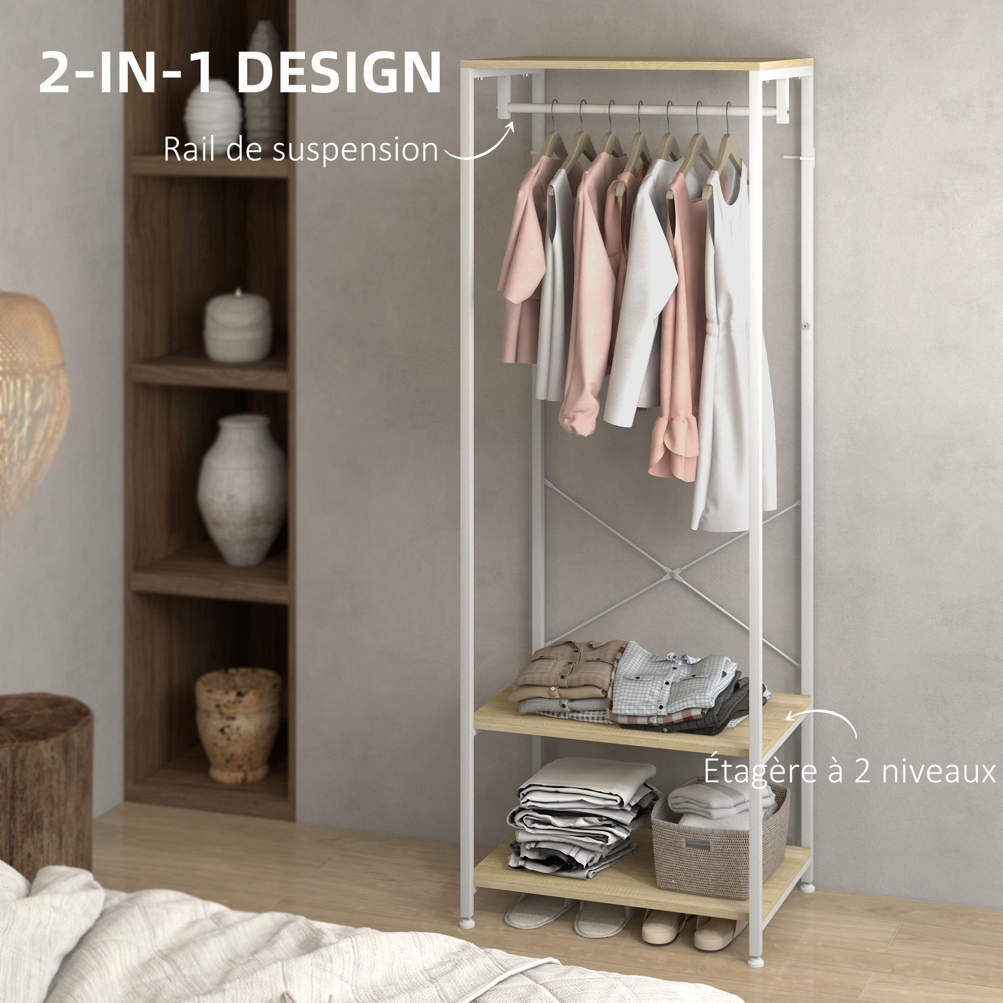 Voir la diapositive 4 : HOMCOM Penderie vestiaire d'entrée 2 étagères tringle acier blanc panneaux aspect bois clair