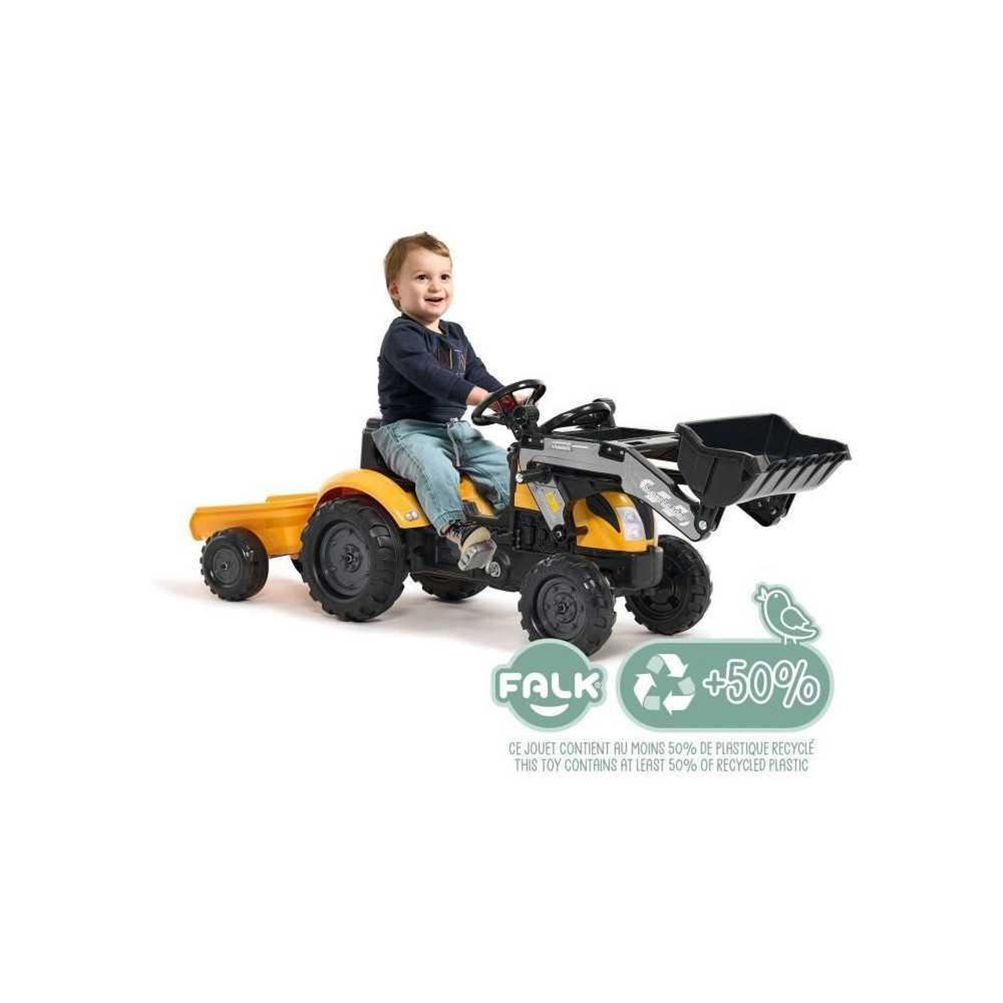 Voir la diapositive 2 : FALK Tractopelle a pédales Mighty Builder - FALK - Avec remorque - Jaune - 100% Fabriqué en France - 50% de plastique recyclé - De