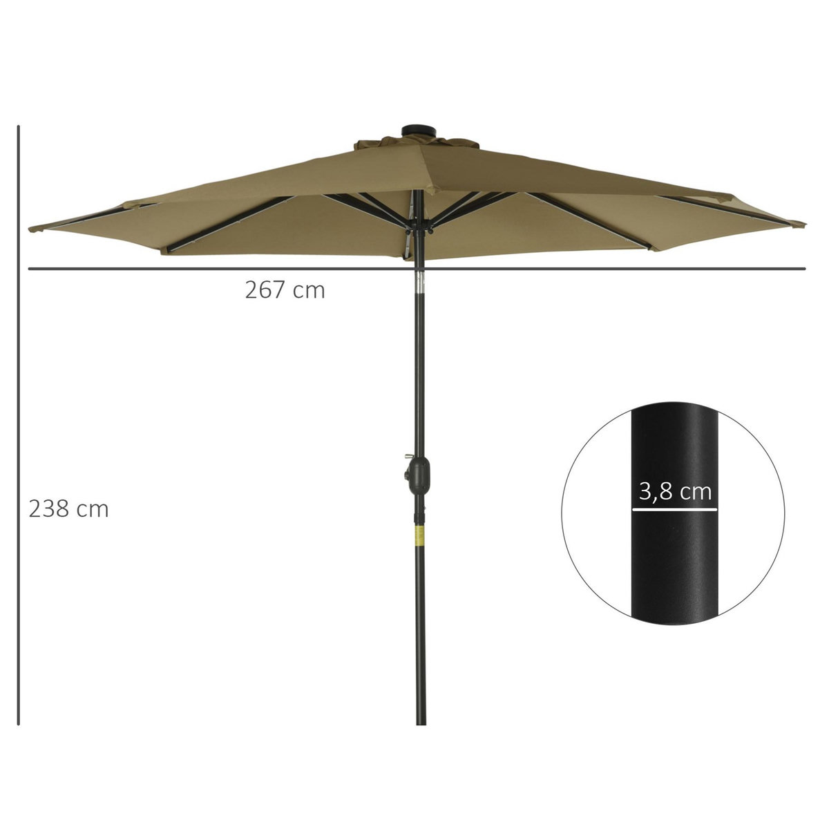 OUTSUNNY Parasol octogonal inclinable Ø 2,67 x 2,4 m lumineux solaire 24 LED polyester haute densité 180 g/m² kaki