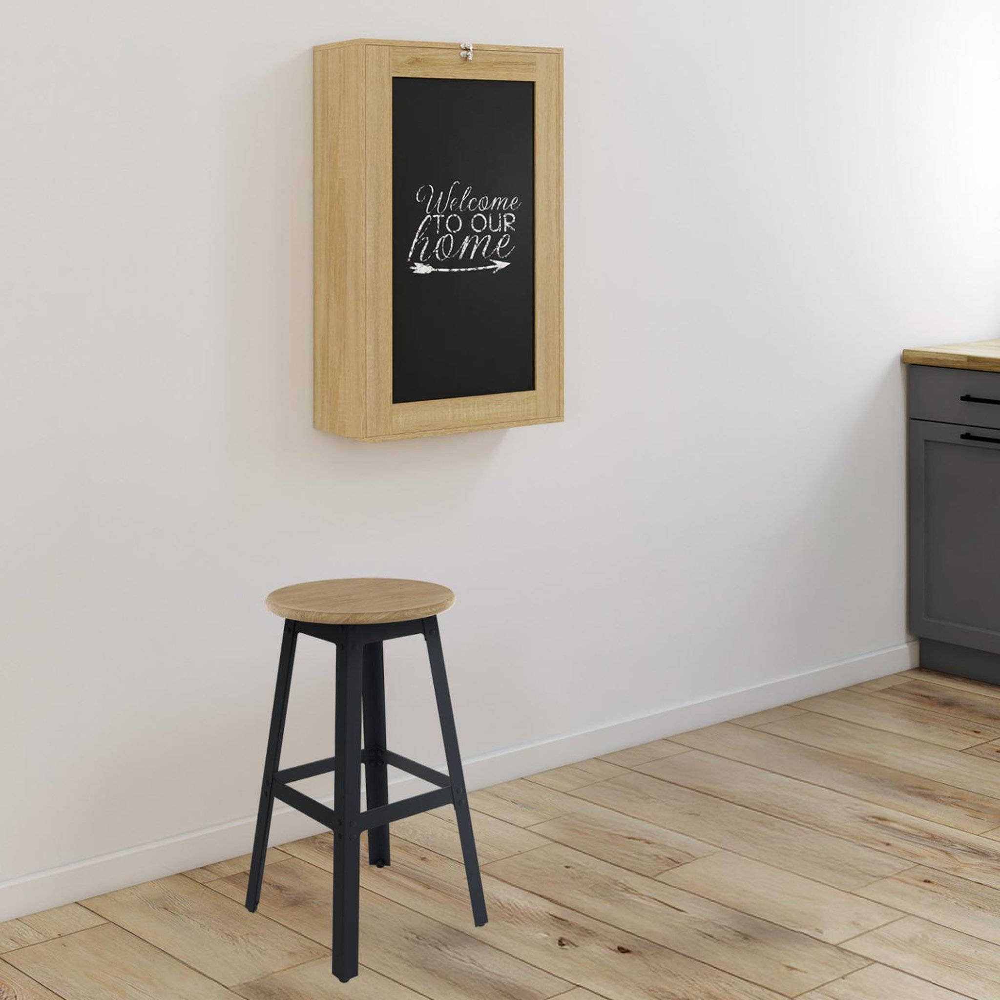 Voir la diapositive 4 : ID MARKET Table murale pliable macchia avec étagères et tableau craie 2 personnes bois et noir