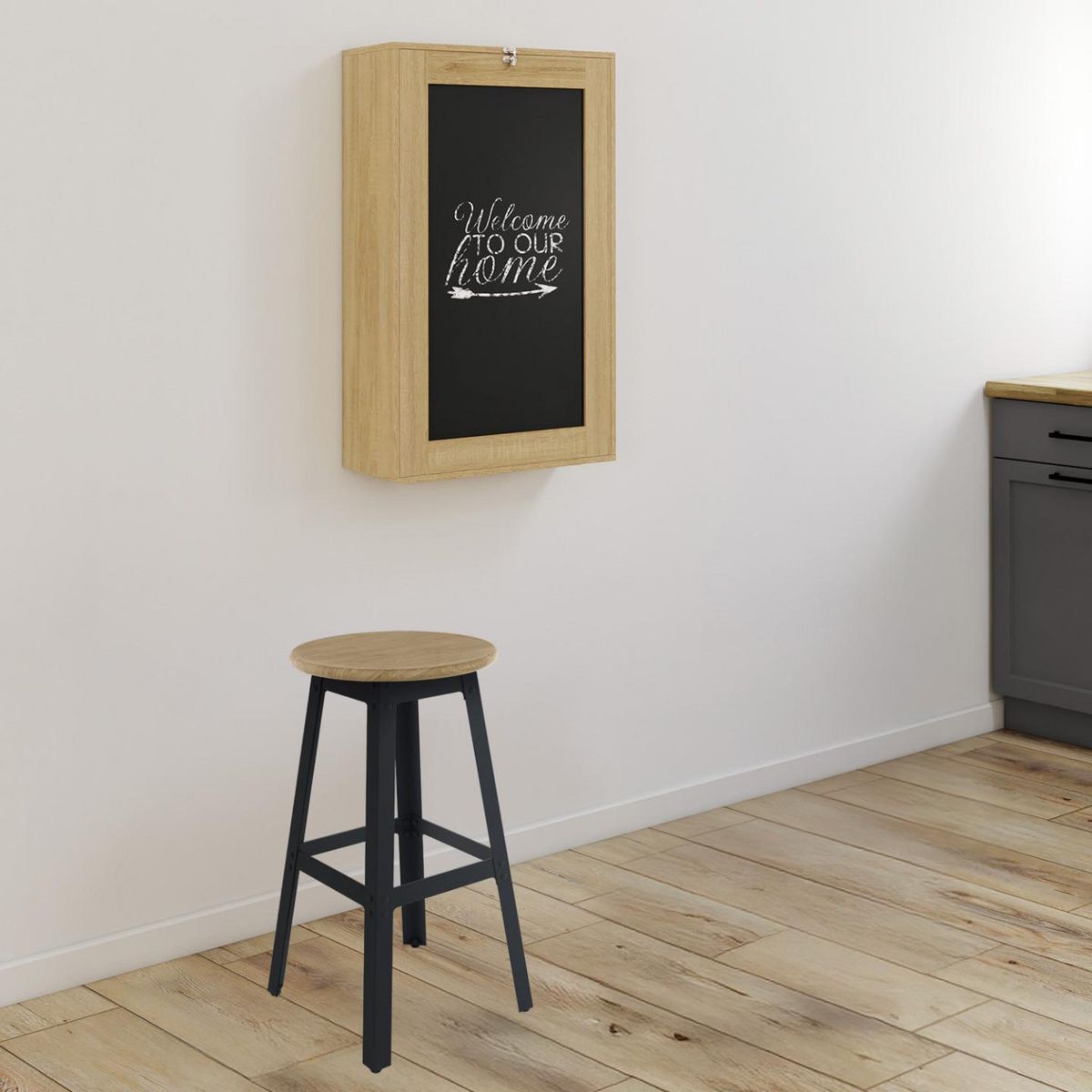 ID MARKET Table murale pliable MACCHIA avec étagères et tableau craie 2 personnes bois et noir