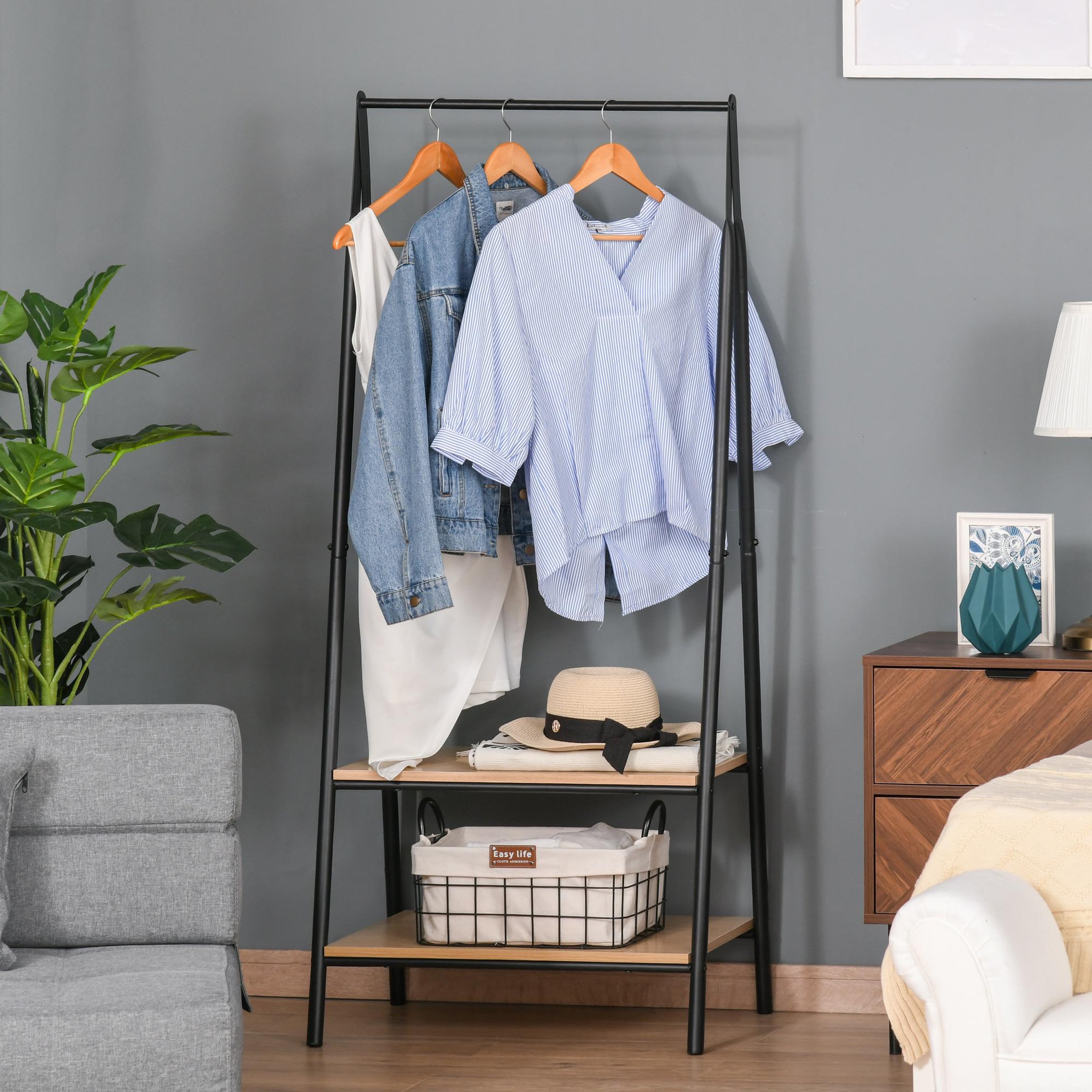Voir la diapositive 2 : HOMCOM Portant à vêtements penderie style contemporain triangulaire dim. 64l x 43l x 149h cm 2 étagères mdf bois clair acier noir