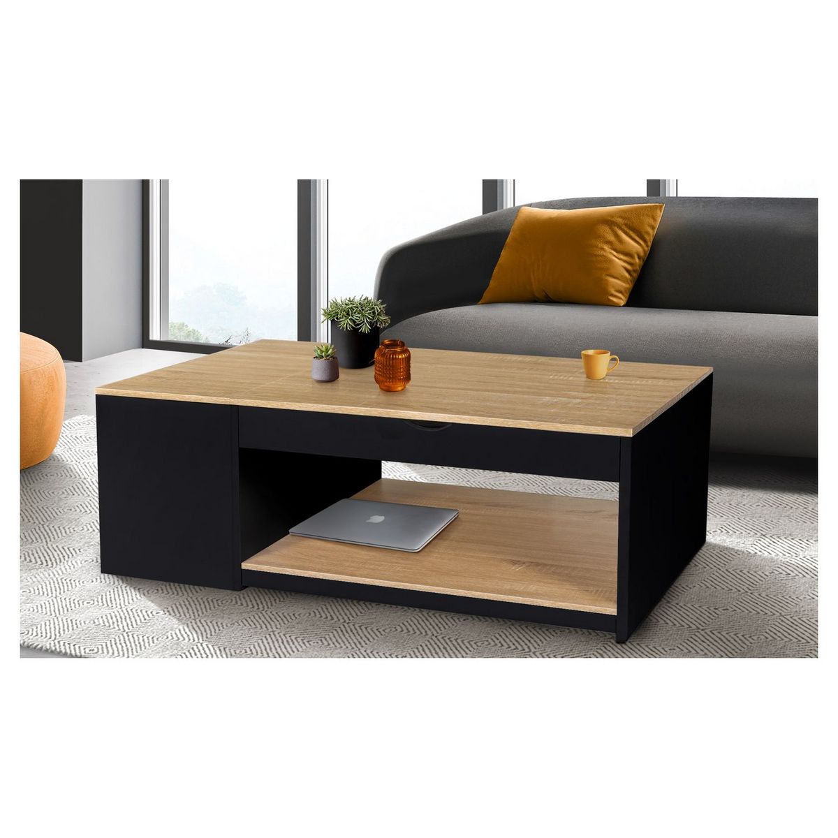Table basse plateau relevable et coffre de rangement L60 cm LINE