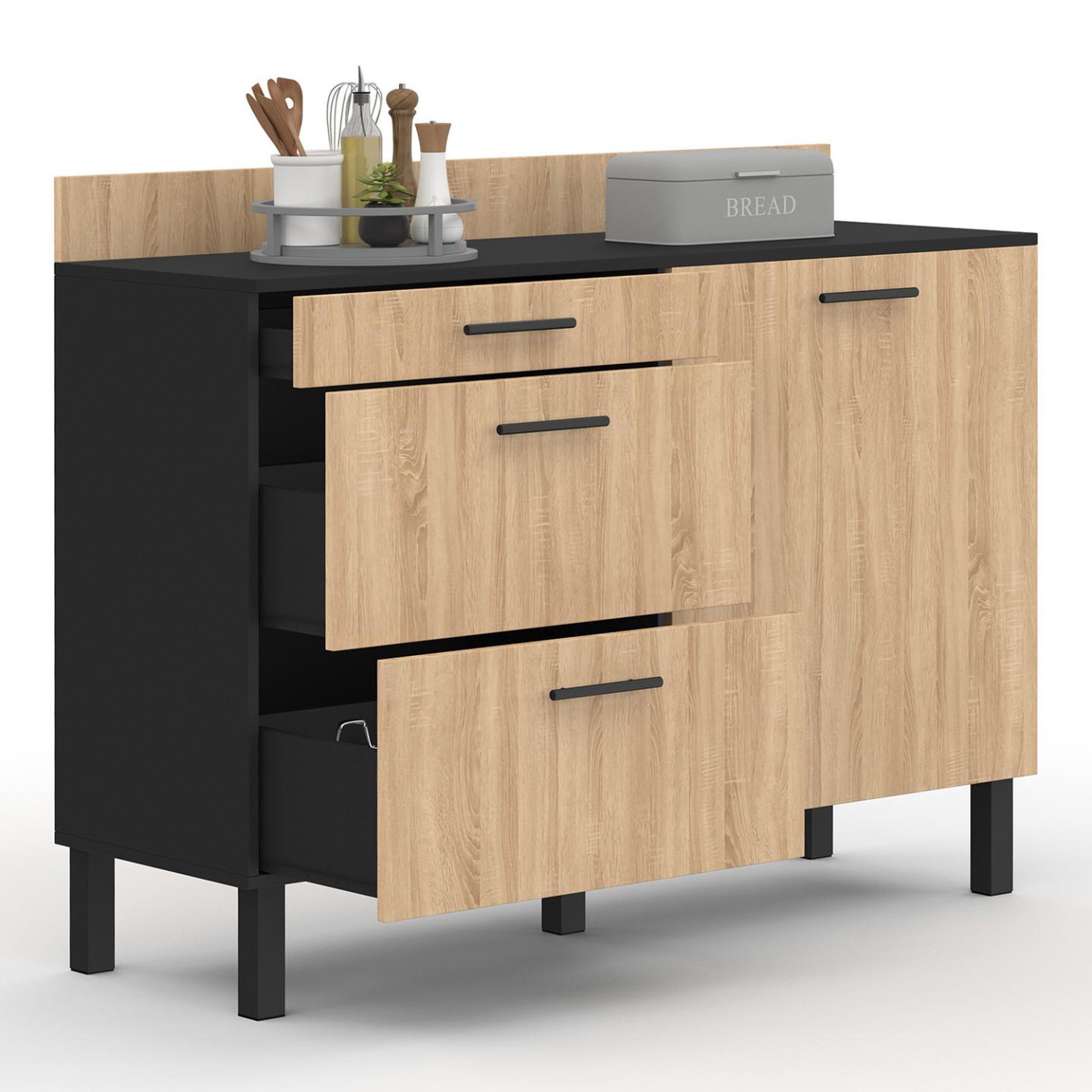 ID MARKET Buffet bas casserolier de cuisine 120 cm cina plan de travail h.83 cm 1 porte + 3 tiroirs noir et façon hêtre