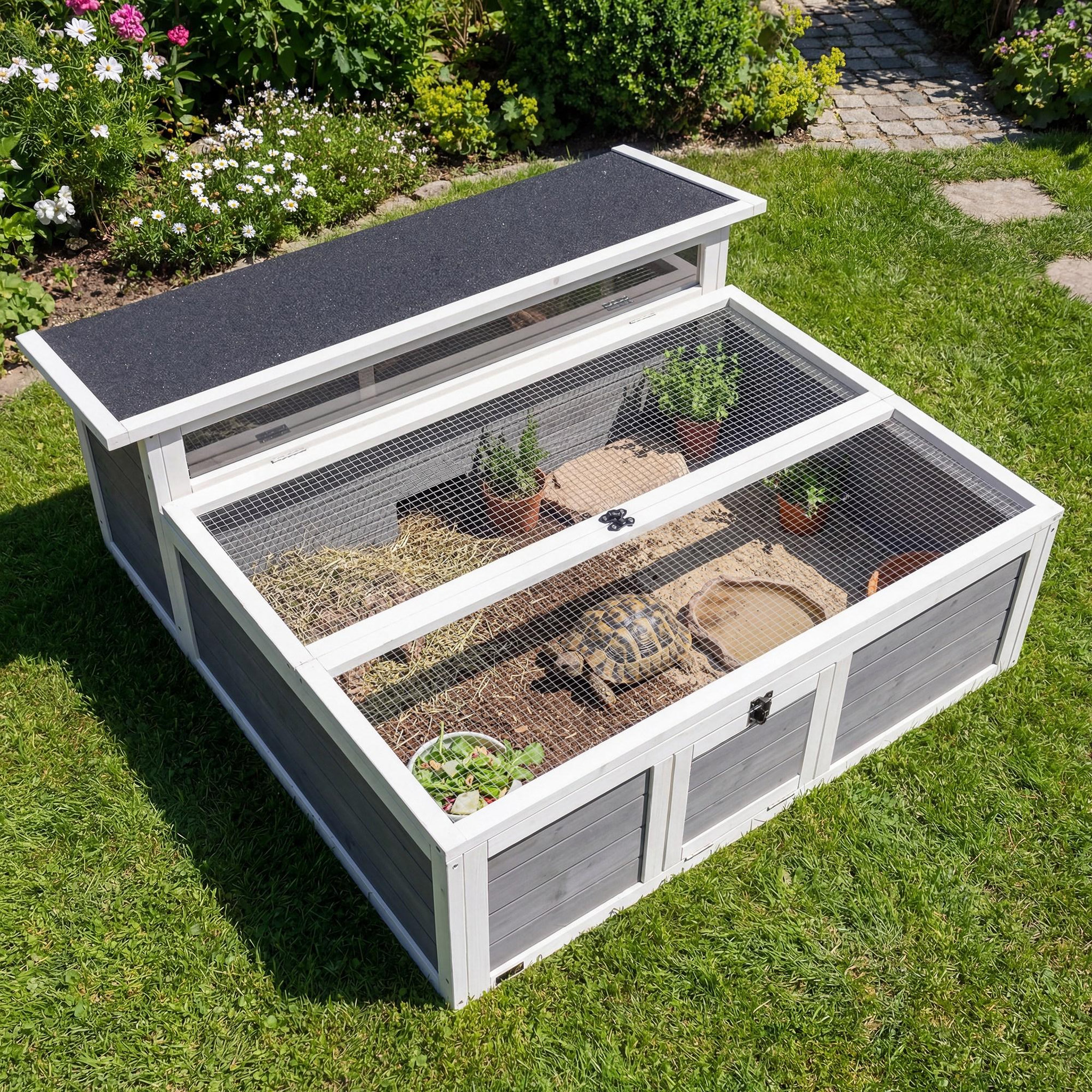 Voir la diapositive 2 : PAWHUT Enclos tortue maison tortue dim. 113x106,5x44cm niche couverte porte blanc gris