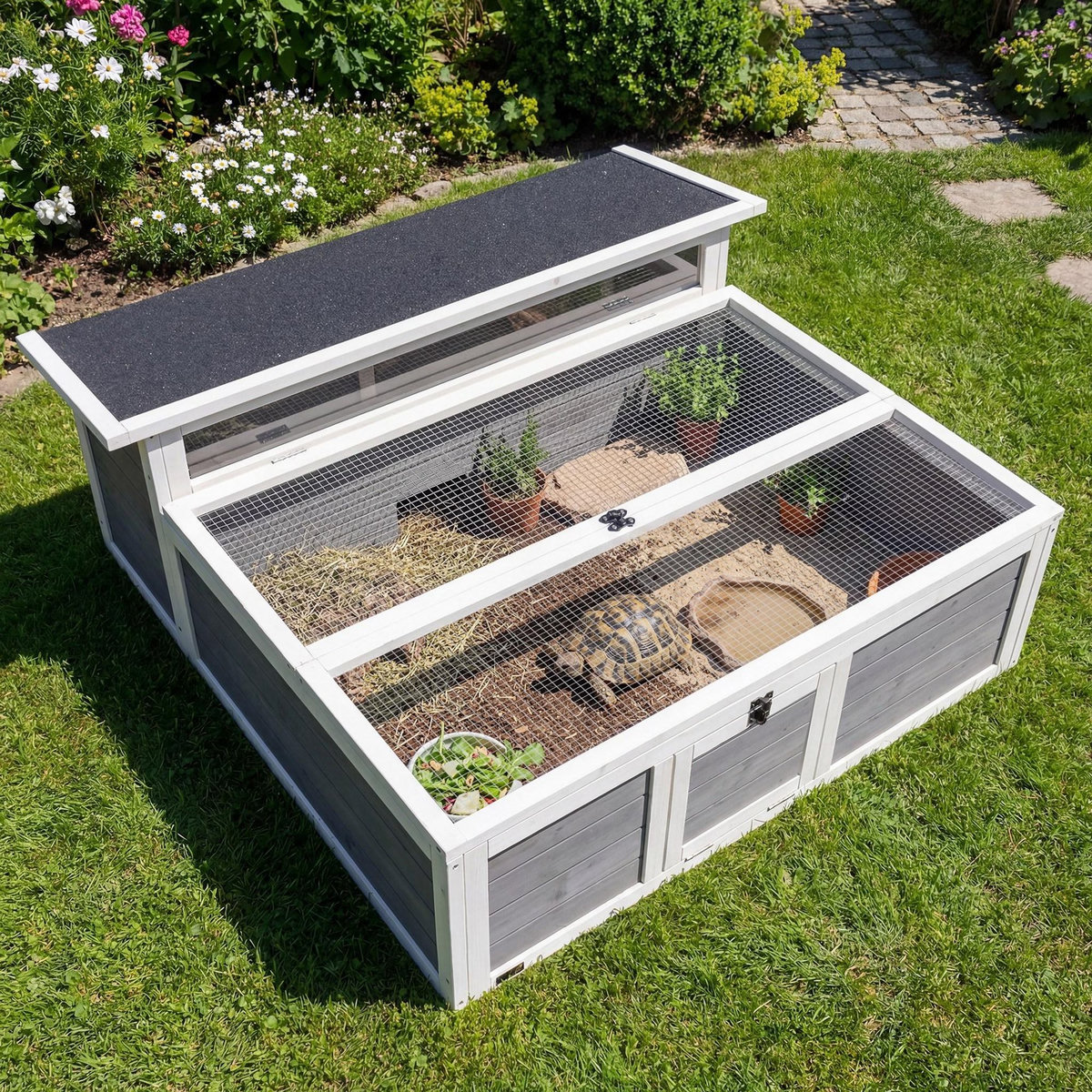 PAWHUT Enclos tortue maison tortue dim. 113x106,5x44cm niche couverte porte blanc gris