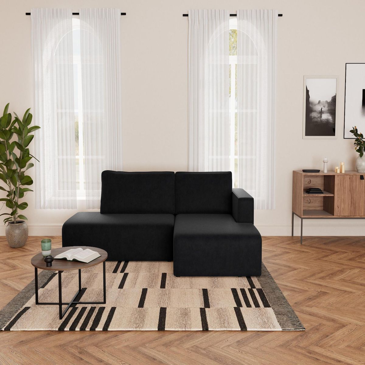 BEST MOBILIER Topaze - canapé d'angle droit 4 places convertible avec coffre en velours côtelé