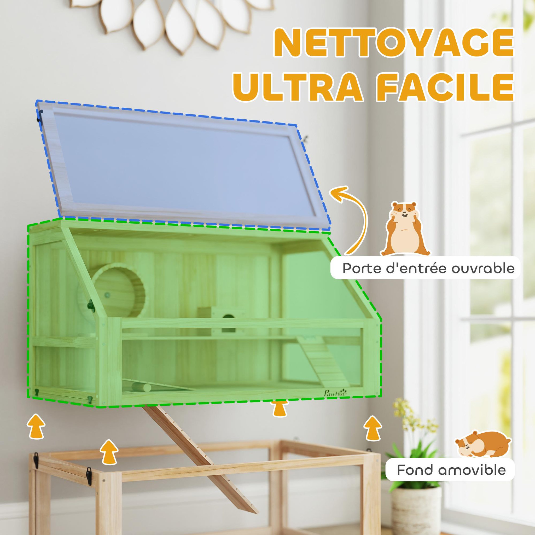 Voir la diapositive 6 : PAWHUT Cage rongeur hamster en bois dim.80x50x76cm 3 niveaux rampes roue bascule cabane