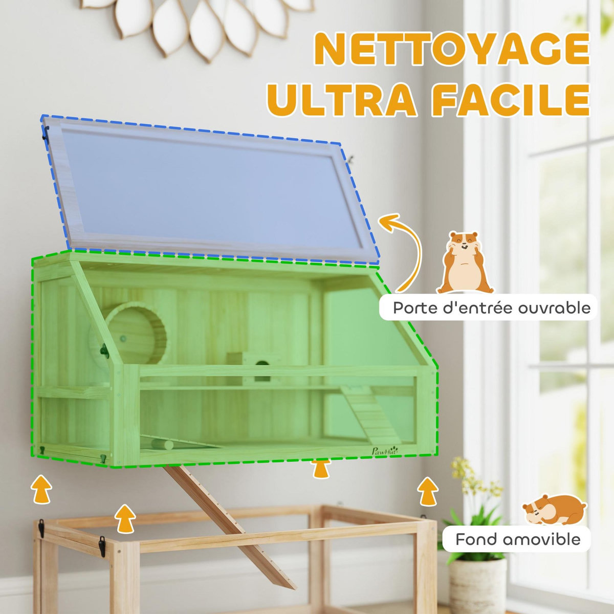 PAWHUT Cage rongeur hamster en bois dim.80x50x76cm 3 niveaux rampes roue bascule cabane