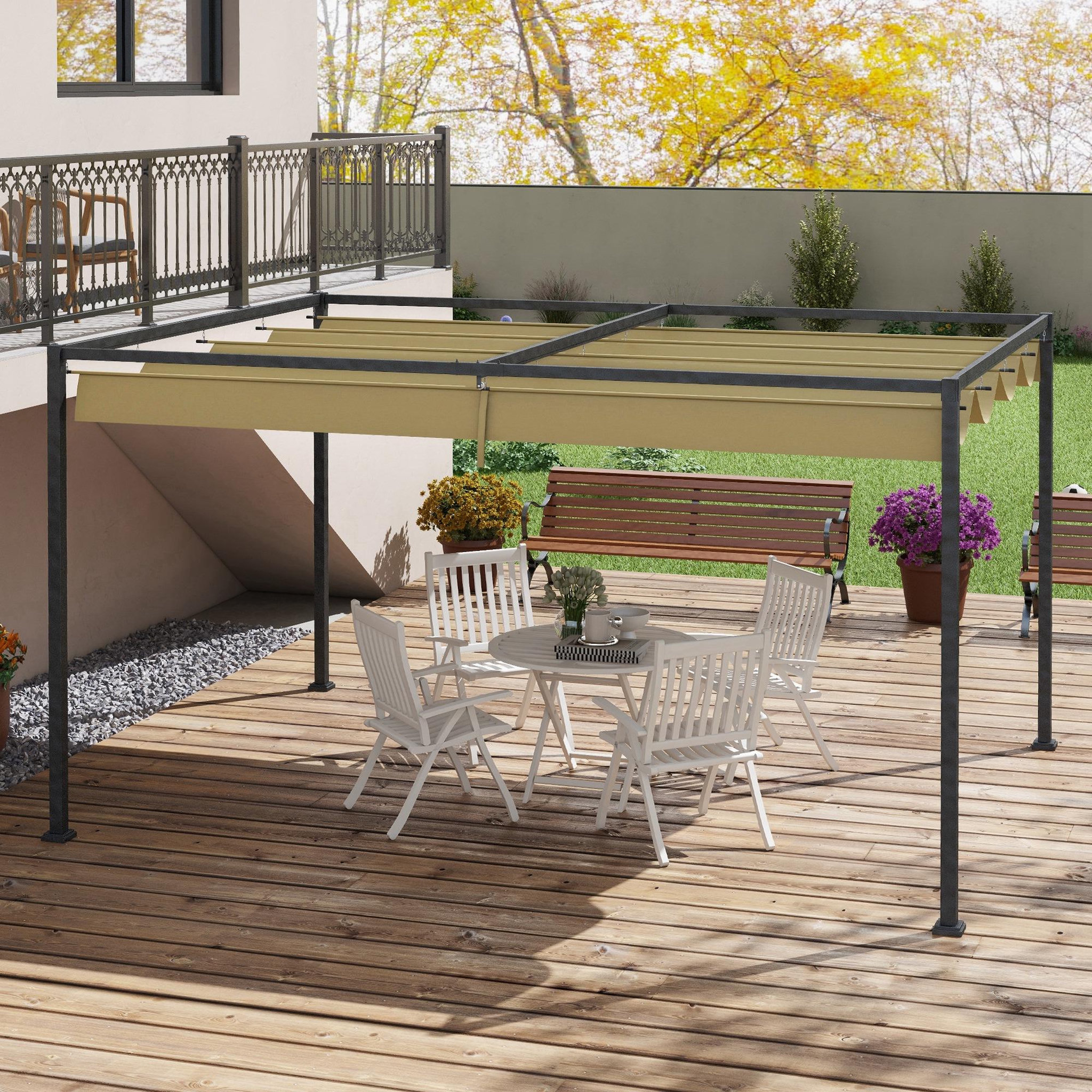 Voir la diapositive 4 : OUTSUNNY Pergola rétractable 2,98L x 2,13l x 2,22H m structure métal époxy anticorrosion toile polyester haute densité 180 g/m² incluse kaki