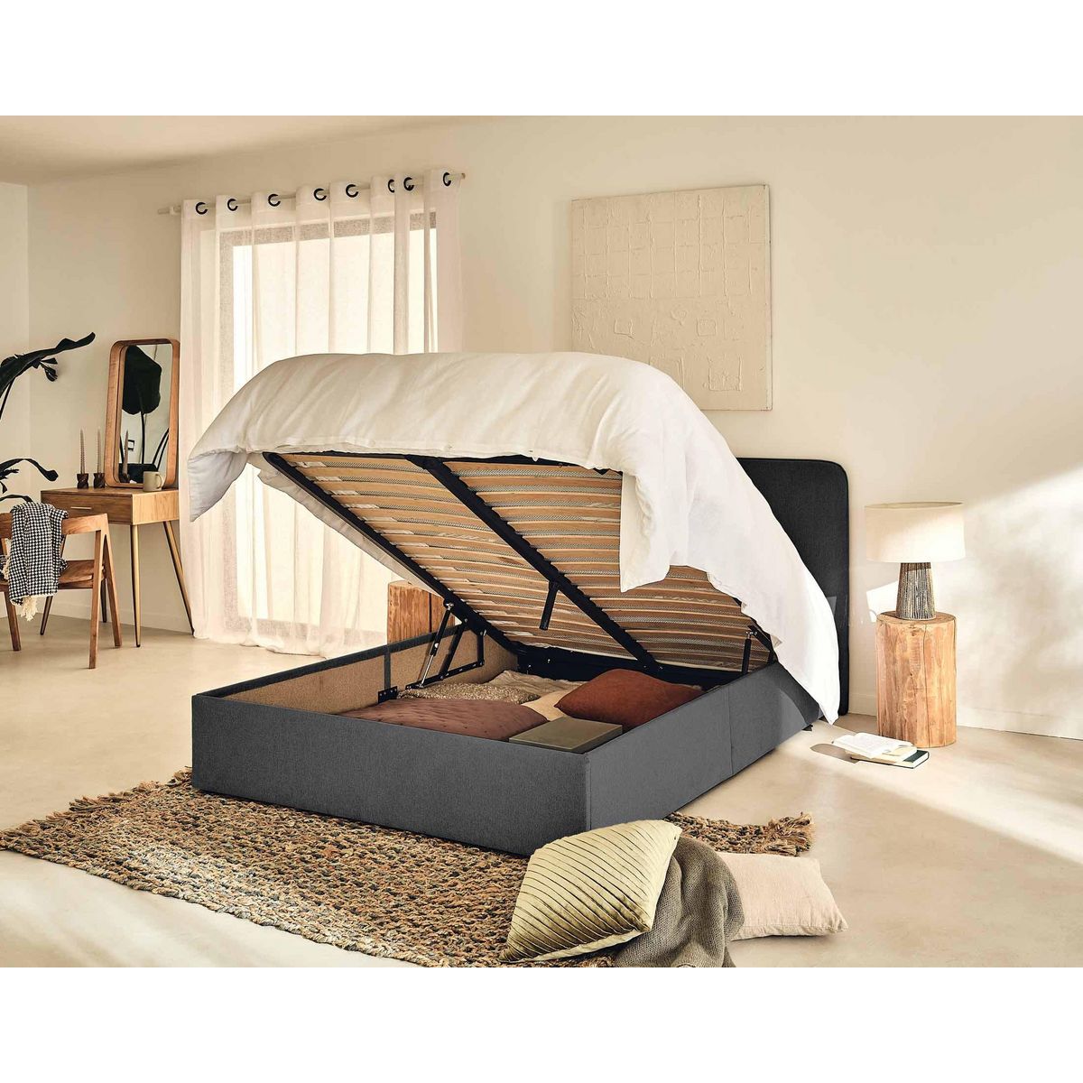 BEST MOBILIER Goyave - lit coffre - 160x200 - en tissu - sommier inclus