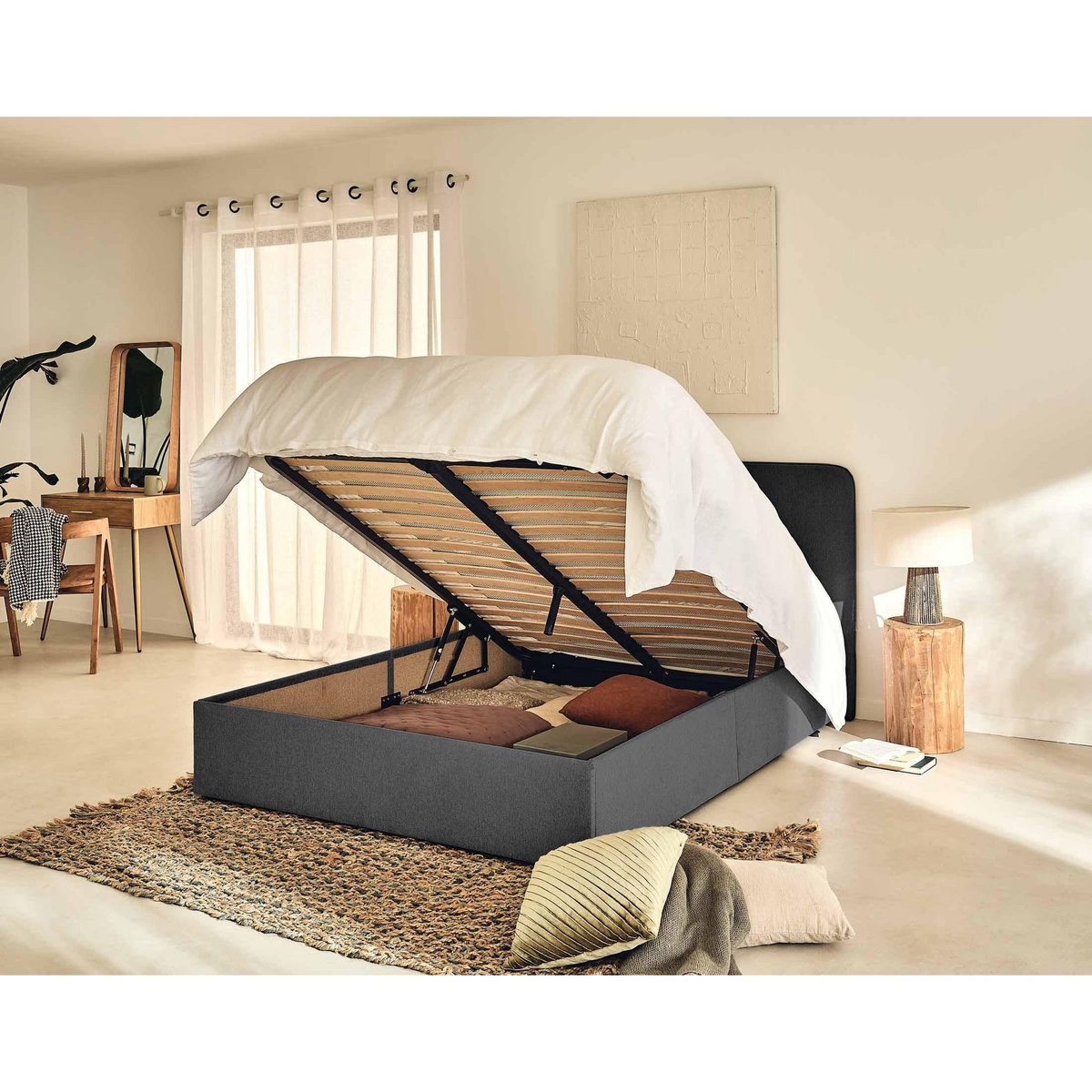 BEST MOBILIER Goyave - lit coffre - 160x200 - en tissu - sommier inclus