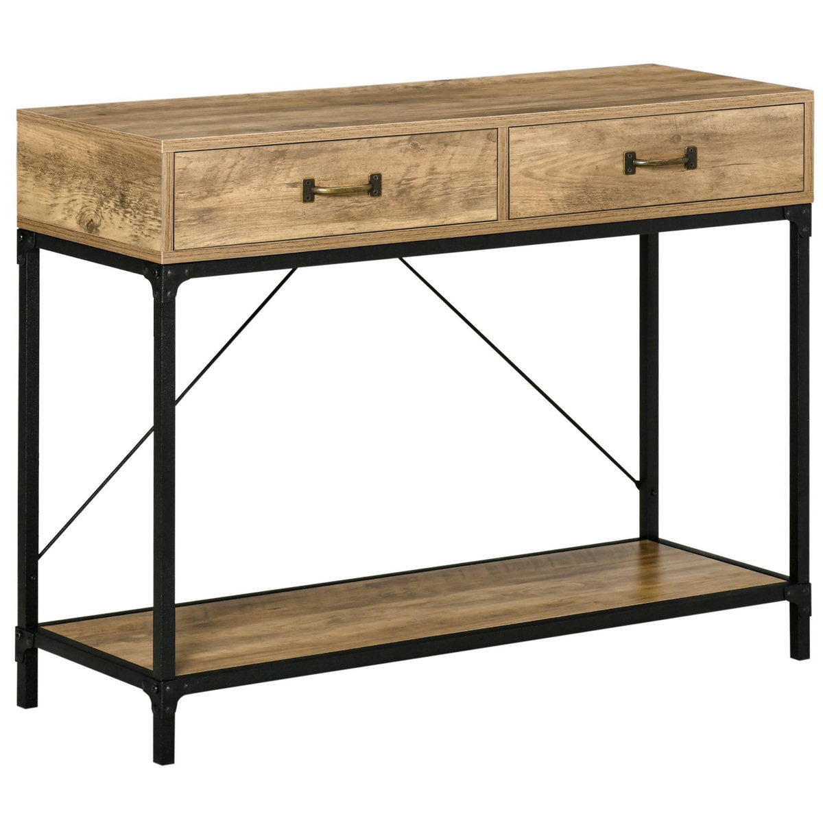 HOMCOM Console table d'appoint design industriel dim. 100L x 35l x 76H cm 2 tiroirs poignées laiton vieilli étagère métal noir aspect bois veinage