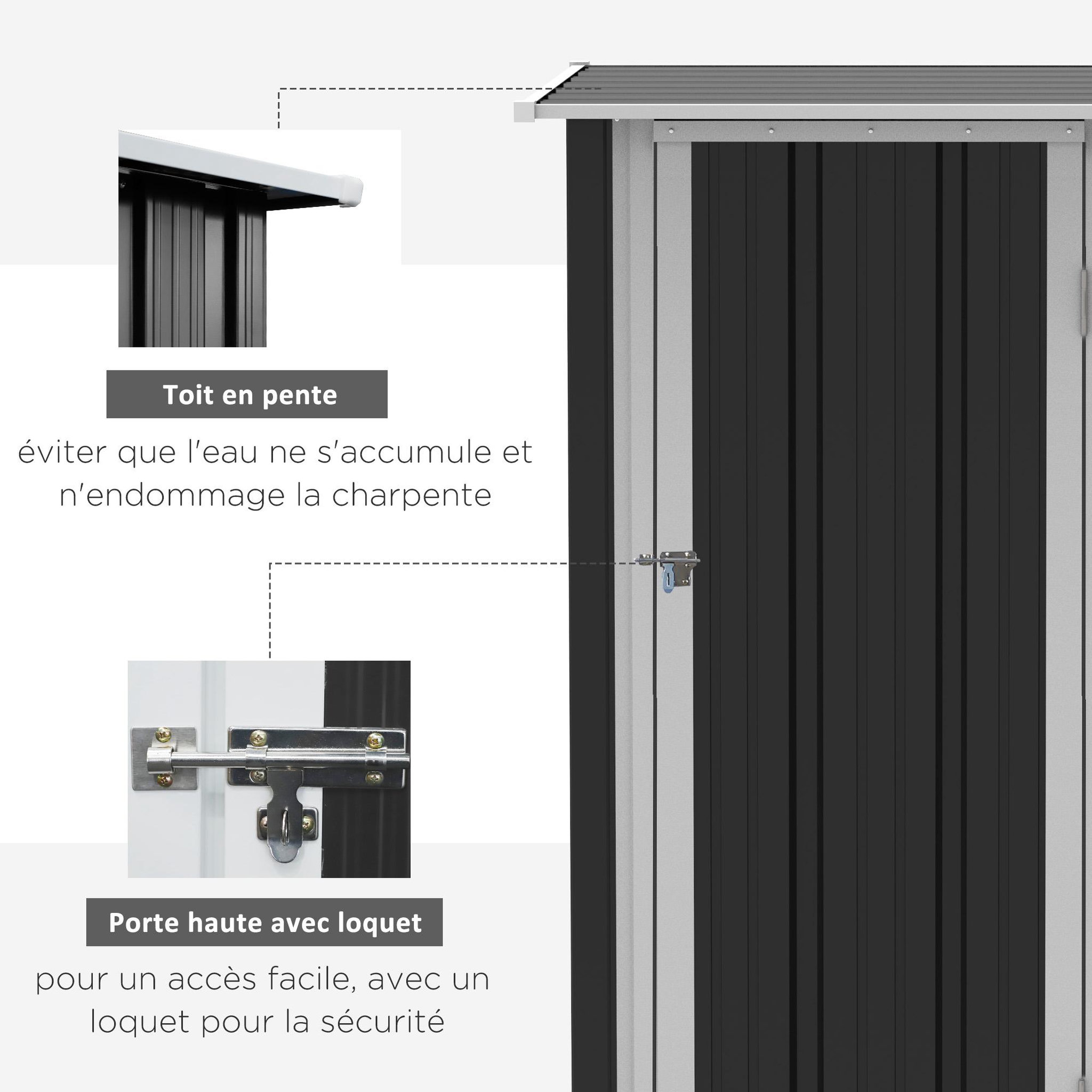 Voir la diapositive 5 : OUTSUNNY Abri de jardin - remise pour outils - cabanon porte verrouillable - dim. 142L x 84l x 189H cm - tôle d'acier anthracite blanc