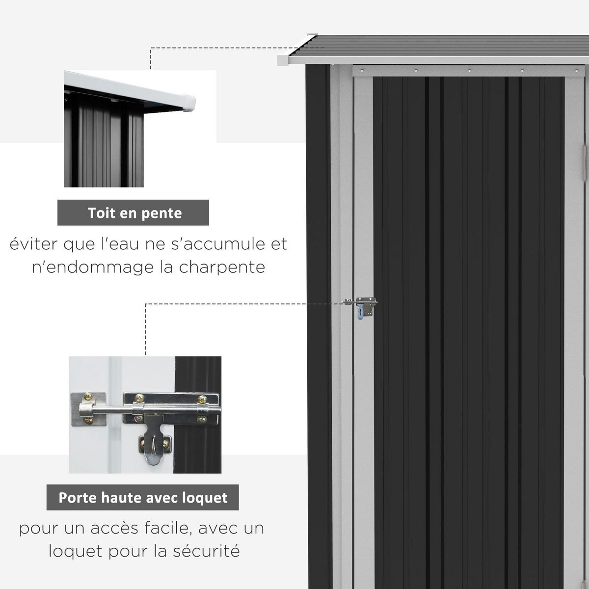 OUTSUNNY Abri de jardin - remise pour outils - cabanon porte verrouillable - dim. 142L x 84l x 189H cm - tôle d'acier anthracite blanc