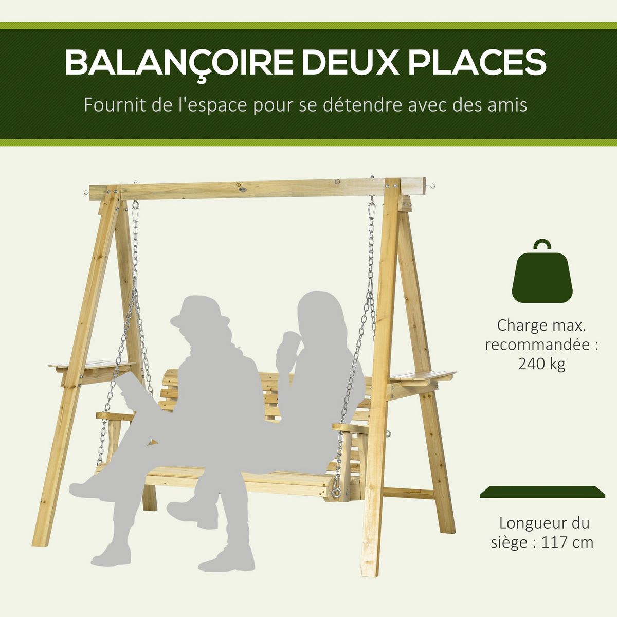 OUTSUNNY Balancelle de jardin 2 places en bois hauteur réglable - 196 x 120 x 171 cm