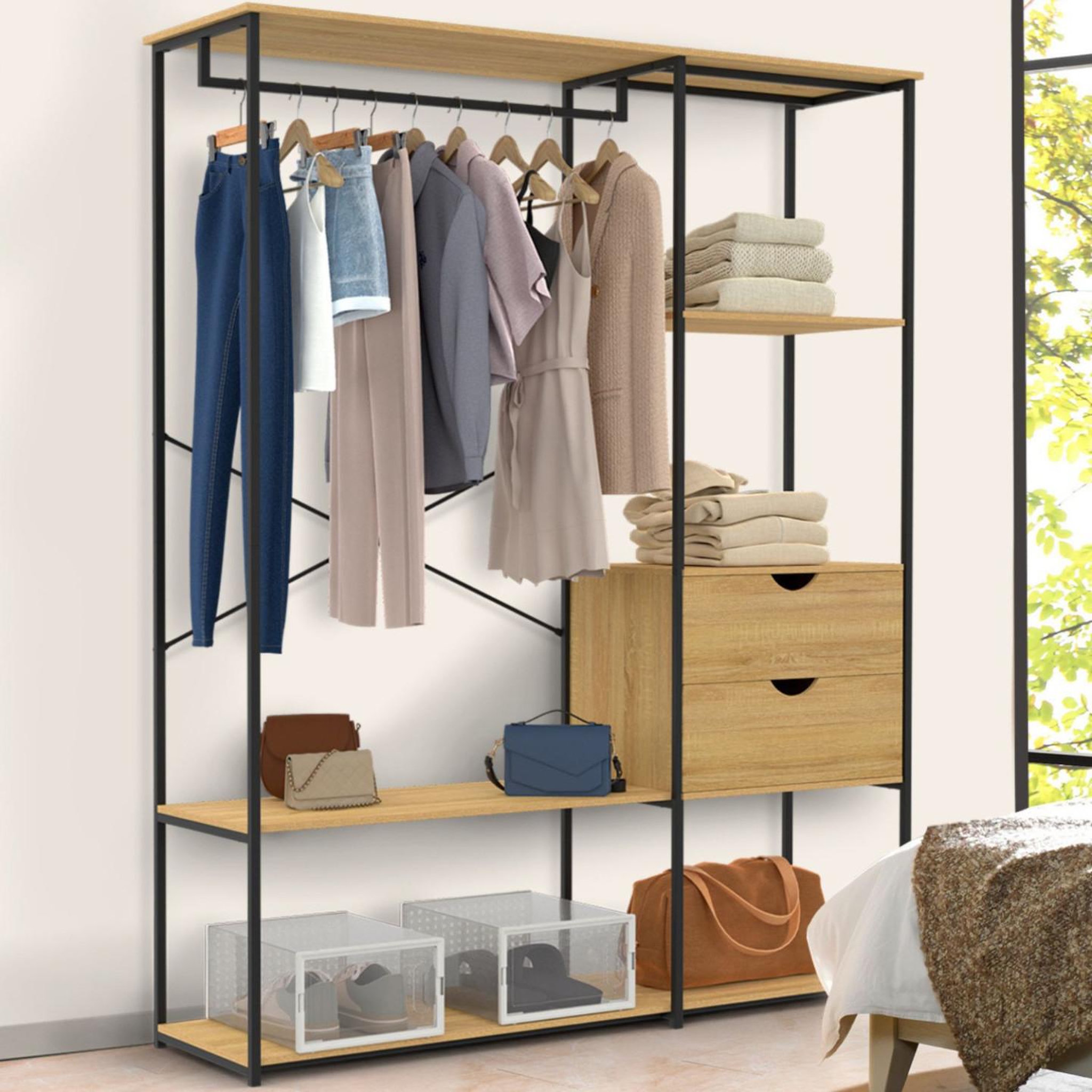 Voir la diapositive 2 : ID MARKET Dressing penderie avec étagères et 2 tiroirs l. 130 cm detroit design industriel