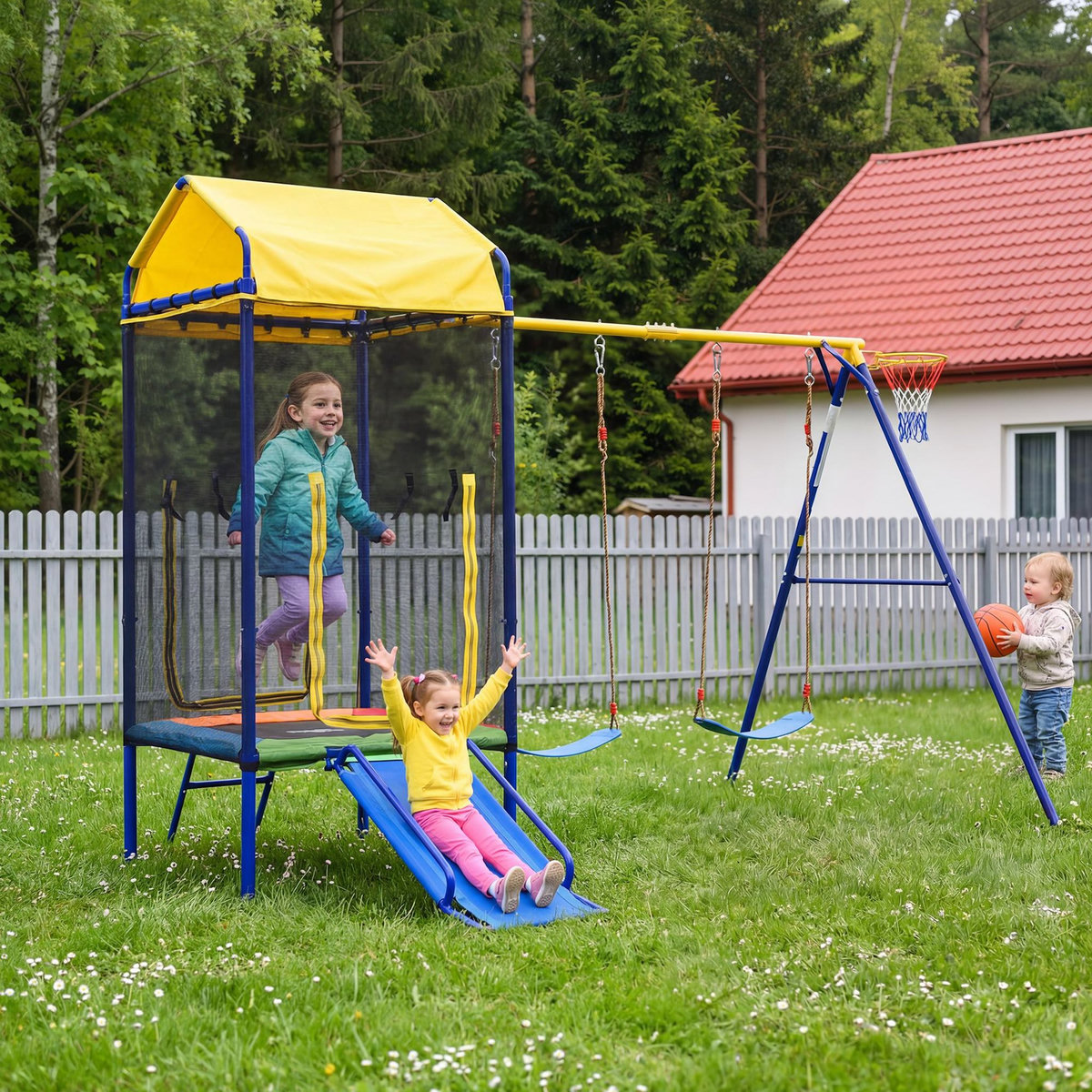 MERAX Aire de jeux extérieur 4 en 1 avec trampoline, balançoire, toboggan et panier basket