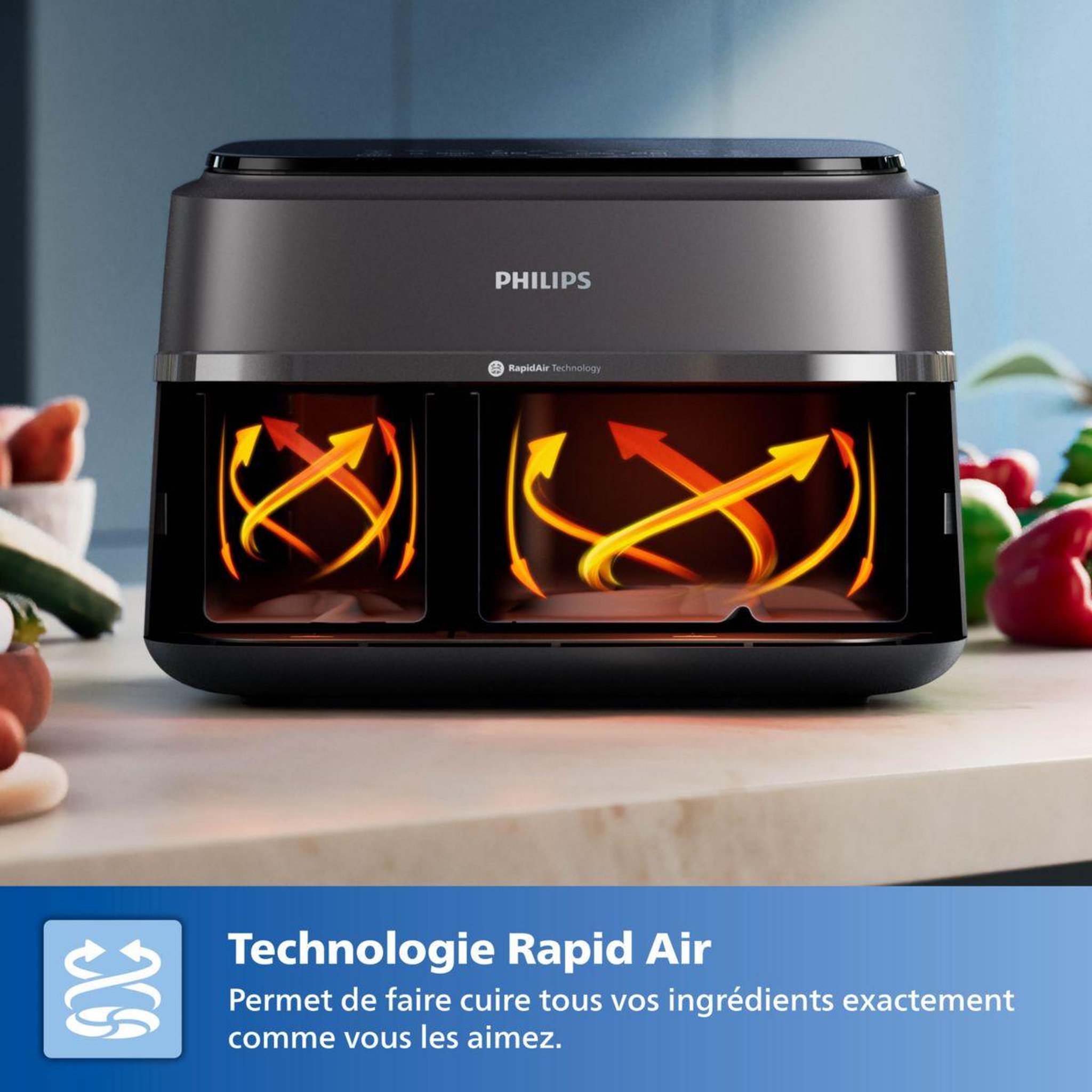Voir la diapositive 3 : Philips Airfryer na352/00 friteuse sans huile double panier noir/doré, série 3000 9l (3+6l)