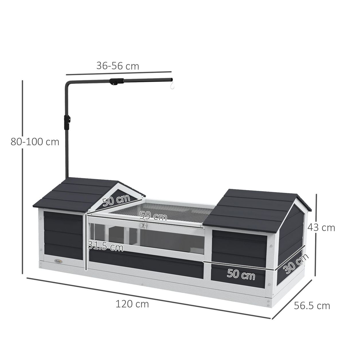 PAWHUT Maison tortue terrestre extérieure - enclos tortue 2 niches, support lampe réglable, toit ouvrable - acrylique bois gris