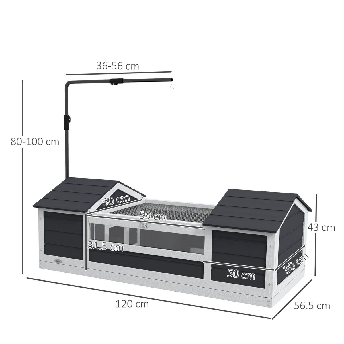 PAWHUT Maison tortue terrestre extérieure - enclos tortue 2 niches, support lampe réglable, toit ouvrable - acrylique bois gris