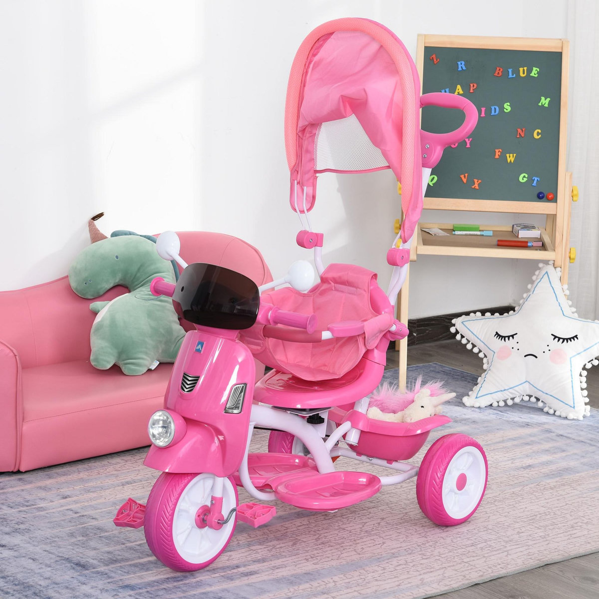 HOMCOM Tricycle enfants évolutif canne, pare-soleil pliable amovible effets lumineux sonores métal blanc PP rose