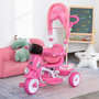 Voir la diapositive 2 : HOMCOM Tricycle enfants évolutif canne, pare-soleil pliable amovible effets lumineux sonores métal blanc PP rose