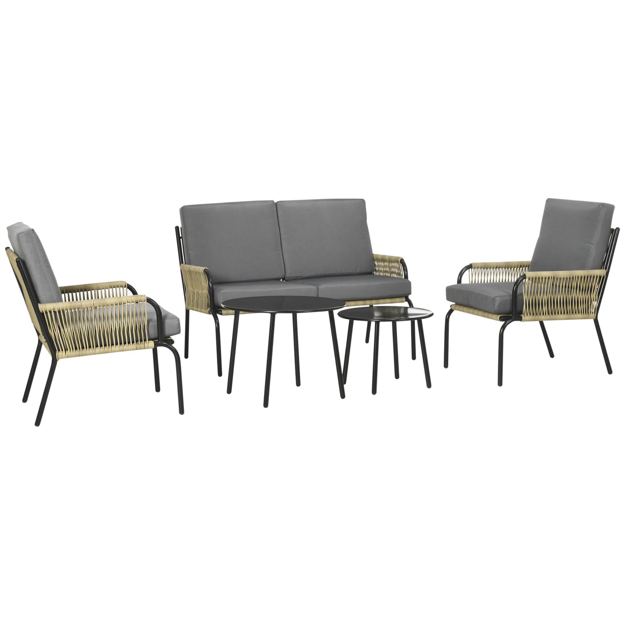 Voir la diapositive 1 : OUTSUNNY Salon de jardin en résine tressée modulable 4 pers. 5 pièces avec 1 canapé 2 fauteuils et 2 tables basses rondes acier sable