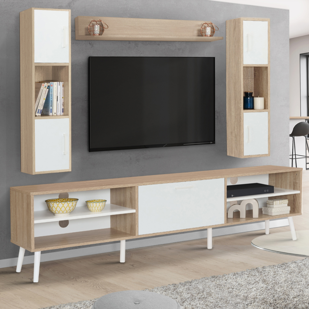 ID MARKET Ensemble meuble TV 180 cm et étagères HOUSTON bois et blanc