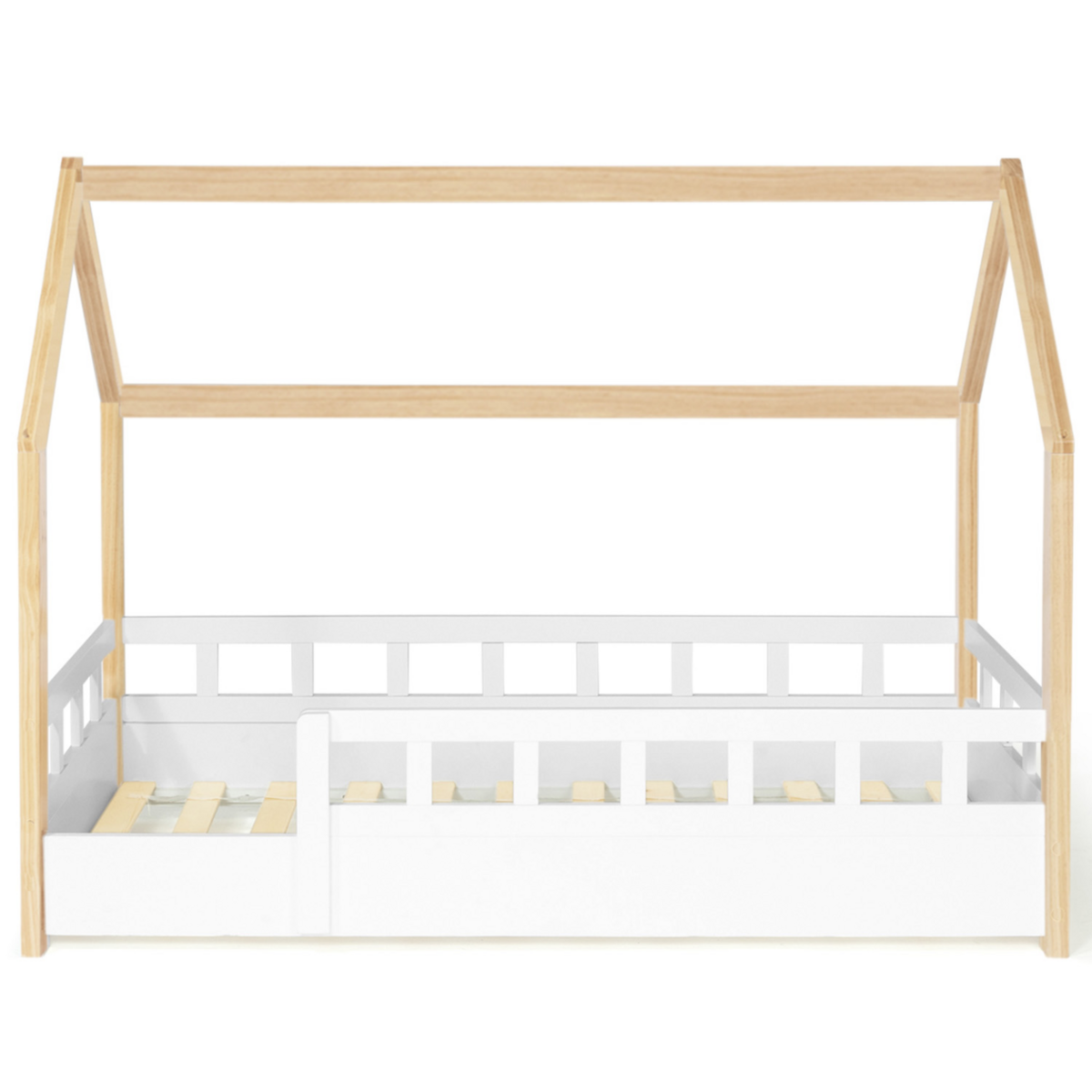 ID MARKET Lit cabane enfant 80 x 160 CM NEREE blanc et hêtre avec sommier et barrières