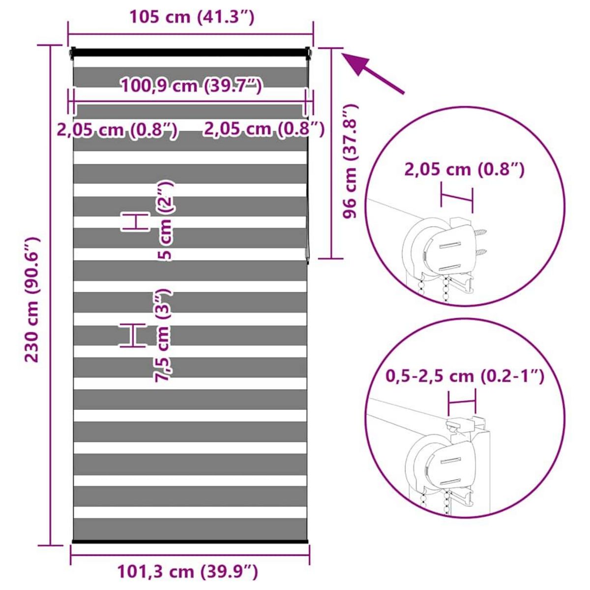 VIDAXL Store zebre gris fonce largeur du tissu 100,9 cm polyester