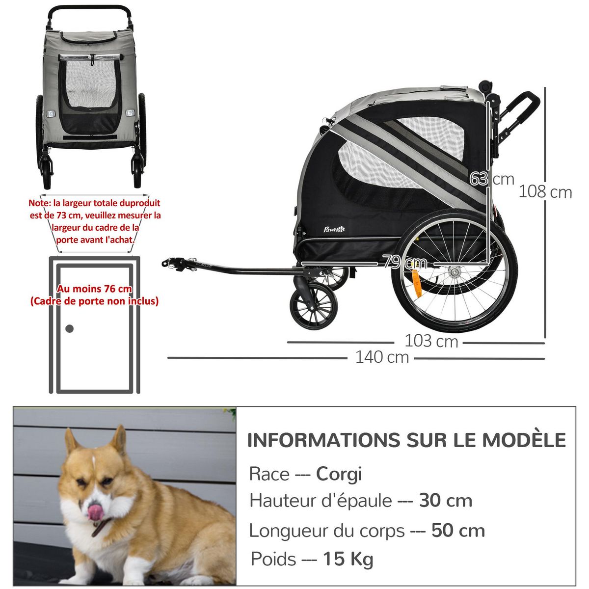 PAWHUT Remorque vélo jogger 2 en 1 pour animaux drapeau roue avant pivotante réflecteurs gris noir