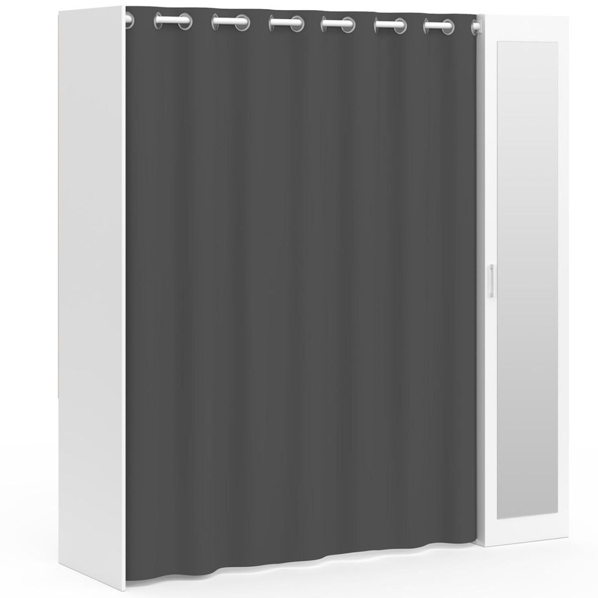 ID MARKET Dressing extensible MERYL 145/170 x 50 x 180 cm blanc avec étagères + double penderie + miroir + rideau gris