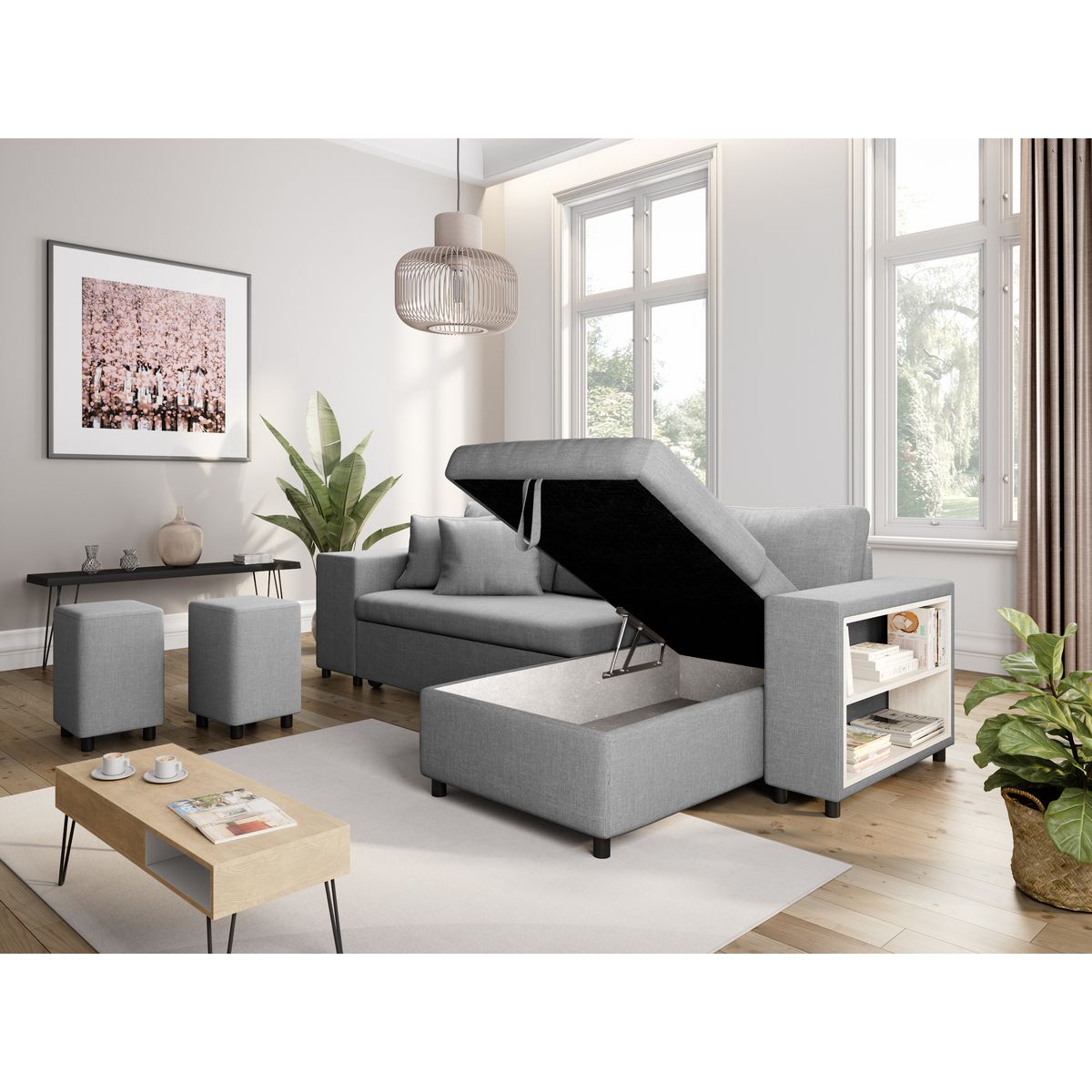 Canapé d'angle convertible avec coffre 3 places + 2 poufs à gauche et étagère à droite  MACHA