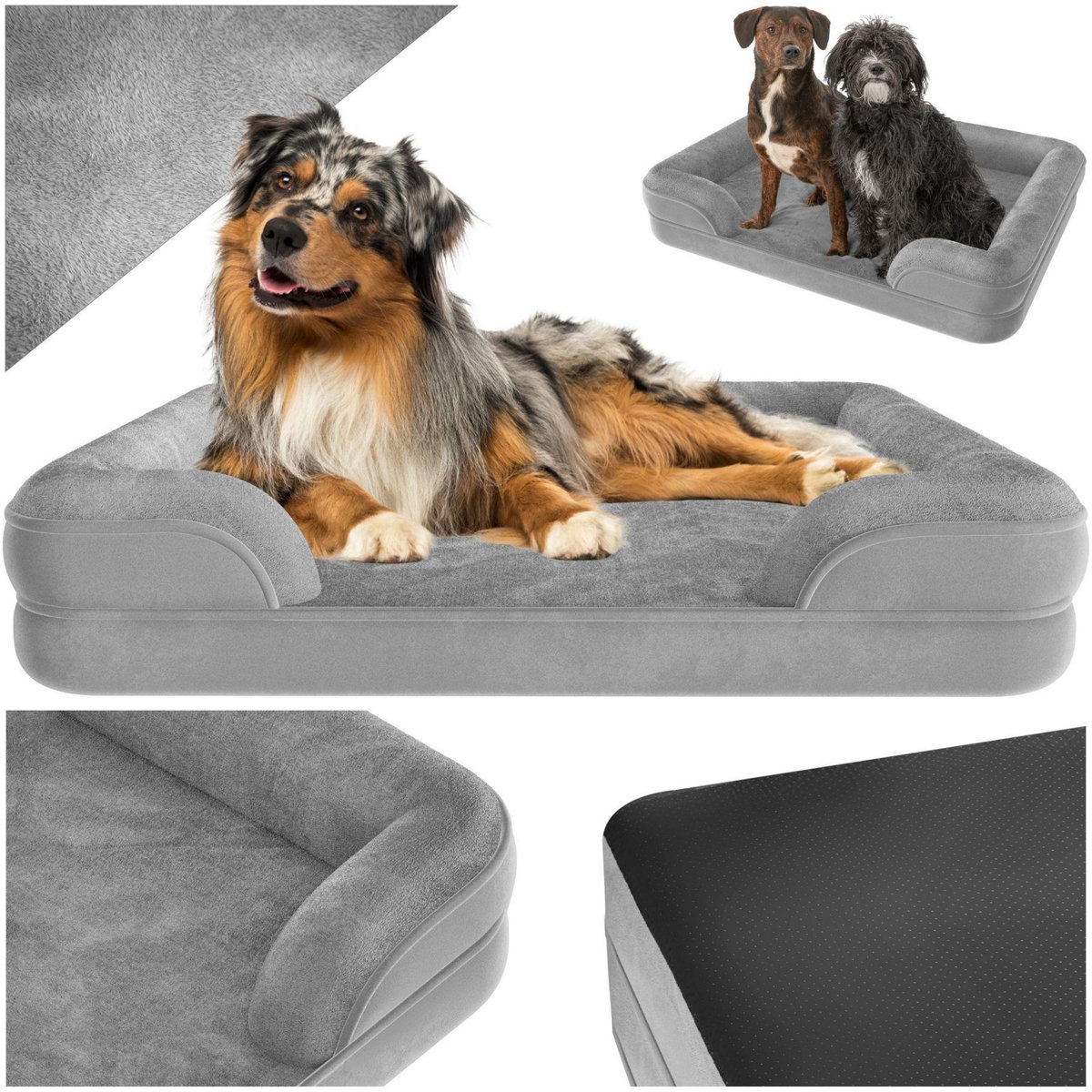 tectake Panier pour chien orthopédique avec housse en peluche déperlante et amovible gris XL (112 x 85 x 18 cm)