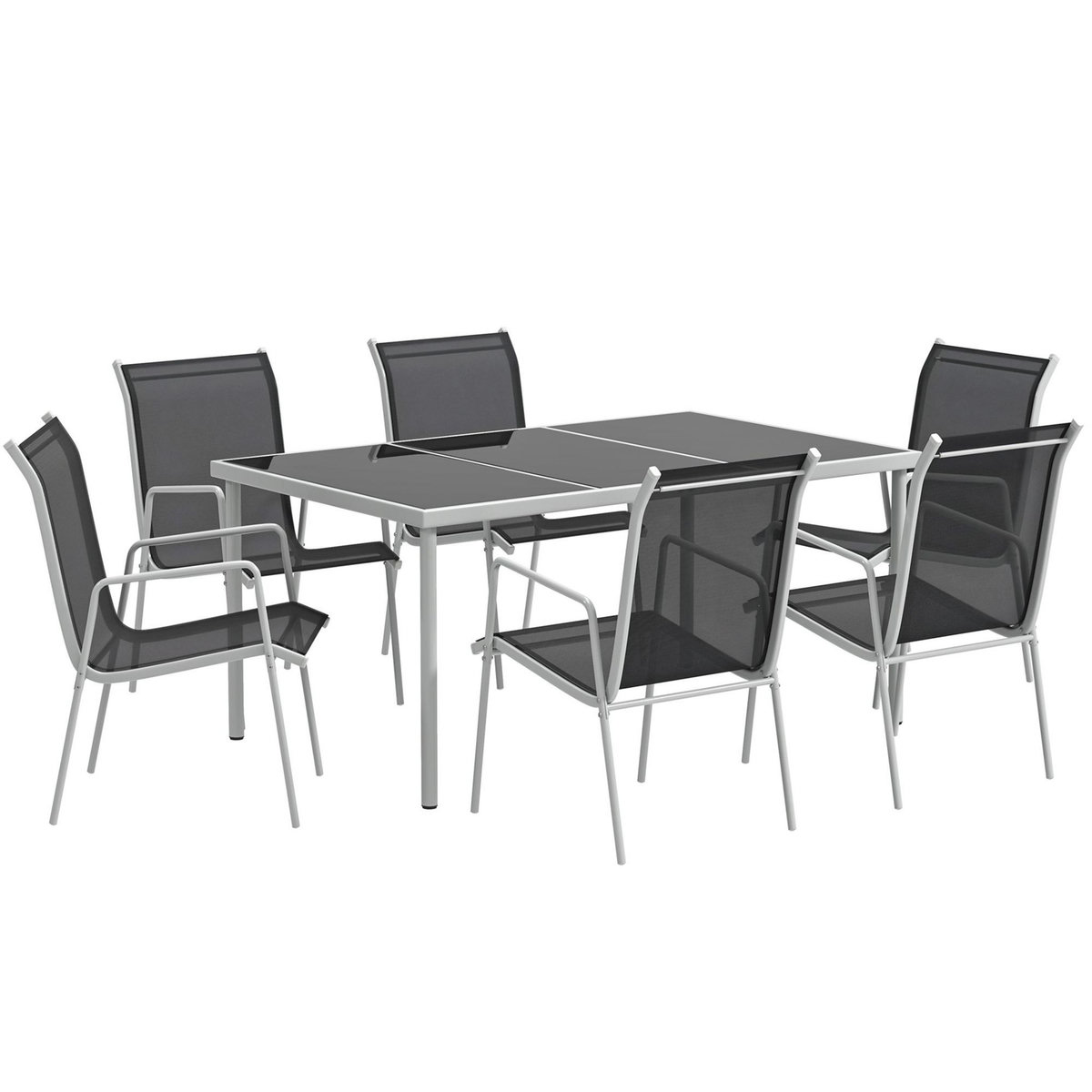 OUTSUNNY Ensemble de jardin 6 pers. 6 chaises empilables table plateau verre trempé 5 mm métal époxy gris textilène noir