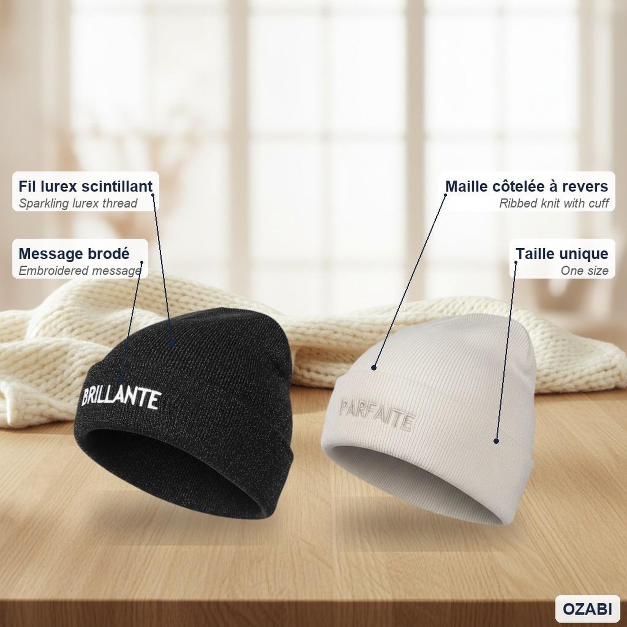 Voir la diapositive 5 : OZABI OZABI Bonnets Femme Fil Lurex Pailleté Message Brodé - Pack de 2 (Lot)