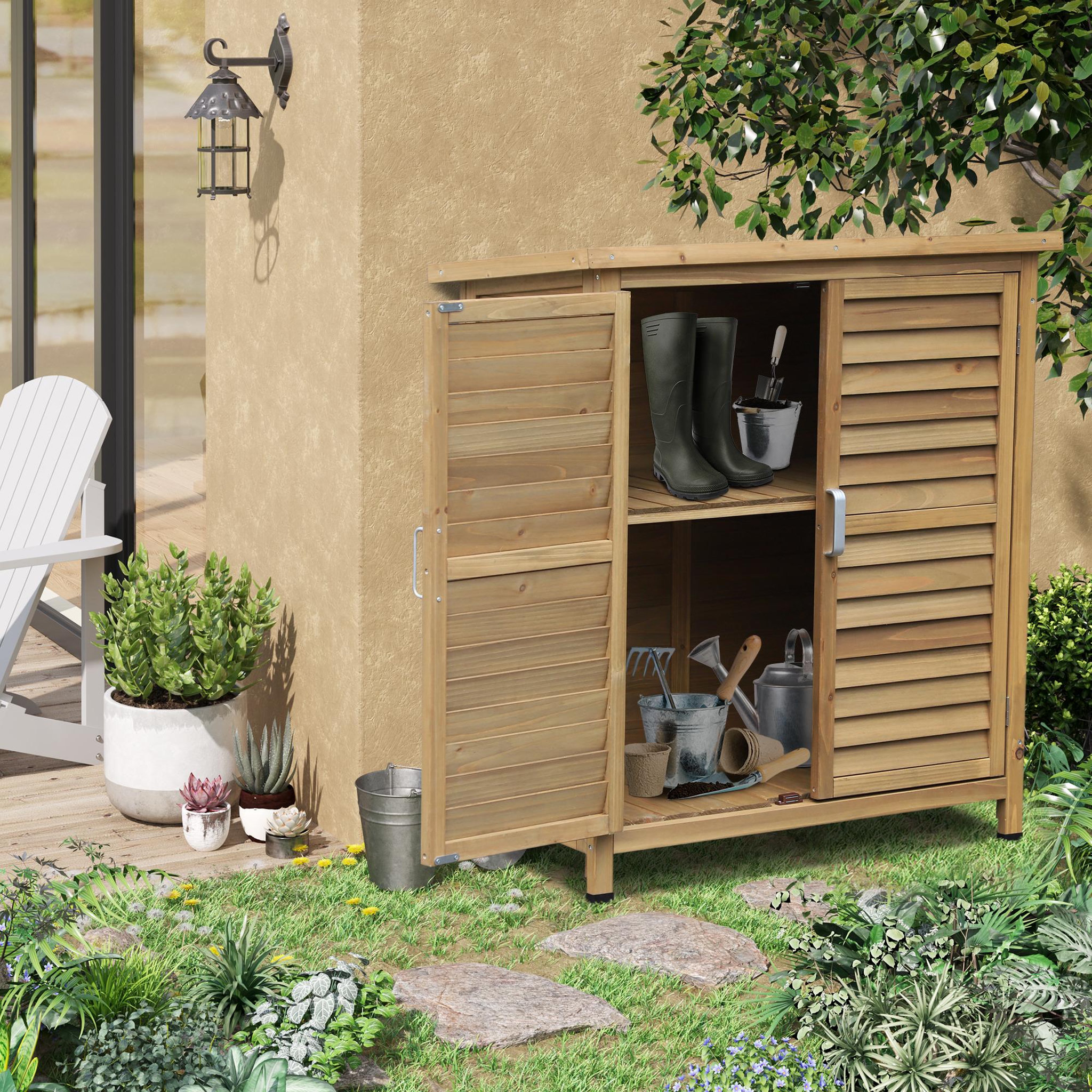 Voir la diapositive 2 : OUTSUNNY Armoire de jardin abri jardin remise pour outils sur pied dim. 87L x 46l x 96H cm étagère portes persiennes toit bitumé bois sapin autoclave vert