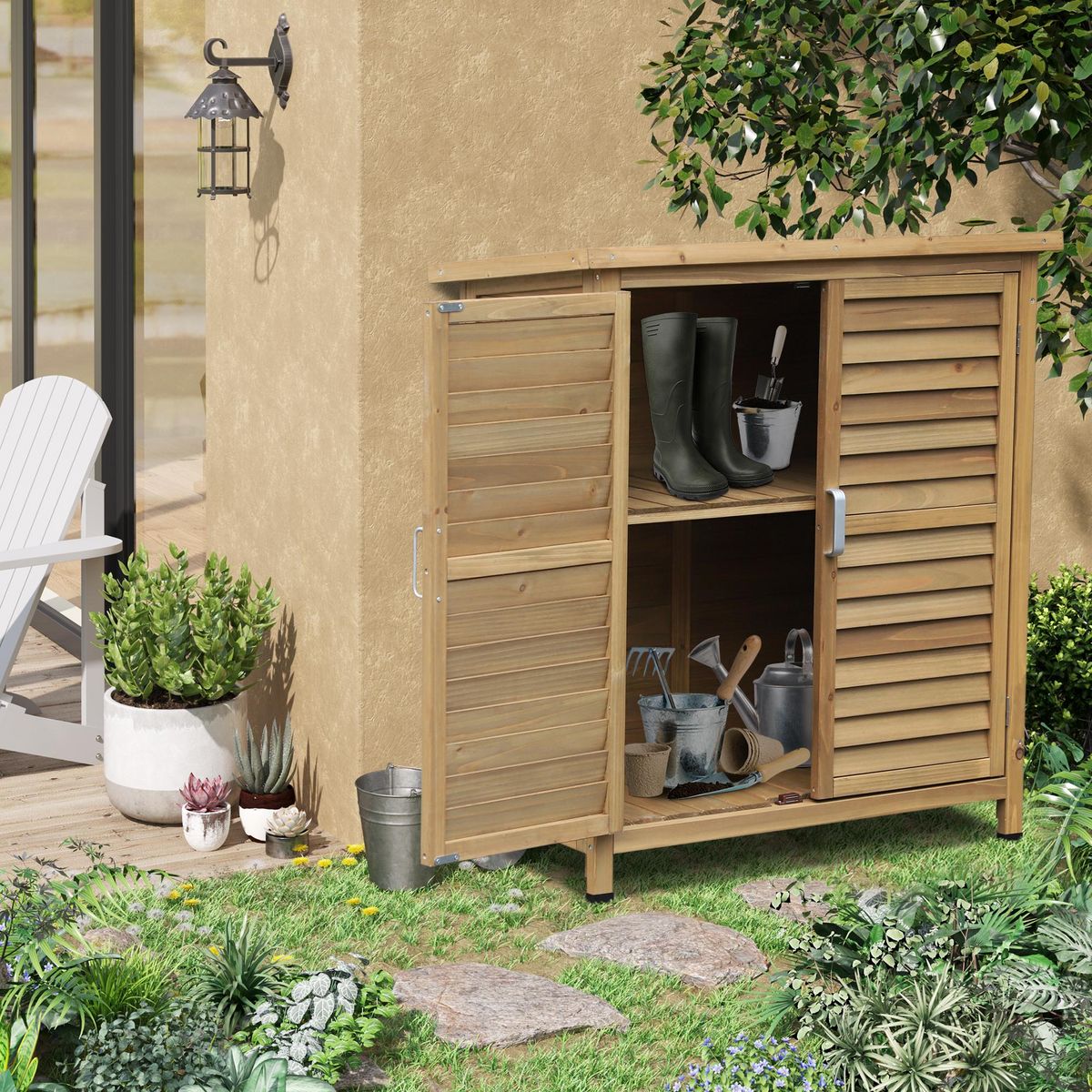 OUTSUNNY Armoire de jardin abri jardin remise pour outils sur pied dim. 87L x 46l x 96H cm étagère portes persiennes toit bitumé bois sapin autoclave vert
