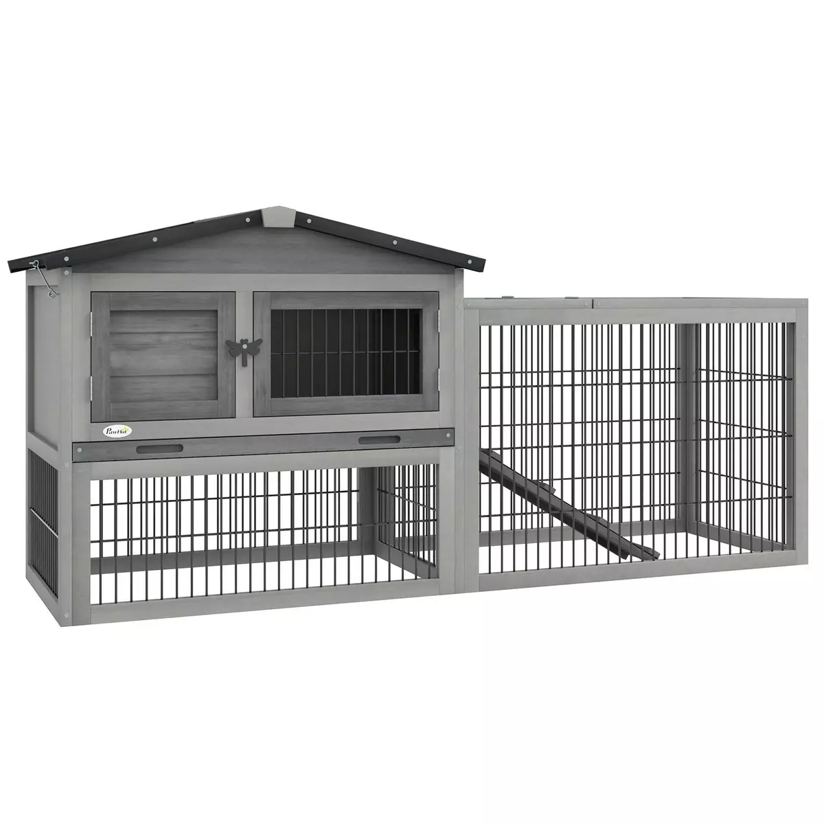 PAWHUT Clapier cage à lapins cottage - niche haute, rampe, enclos extérieur - plateau excrément, toit ouvrant, 2 portes verrouillables - bois gris