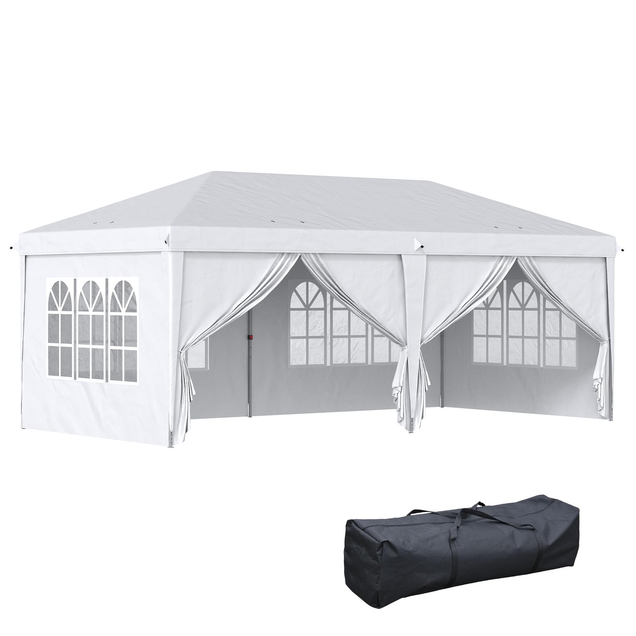 Voir la diapositive 1 : OUTSUNNY Tonnelle barnum pliant pop-up imperméabilisé 5,85L x 2,95l x 2,7H m 6 parois latérales amovibles 4 fenêtres + sac de transport blanc