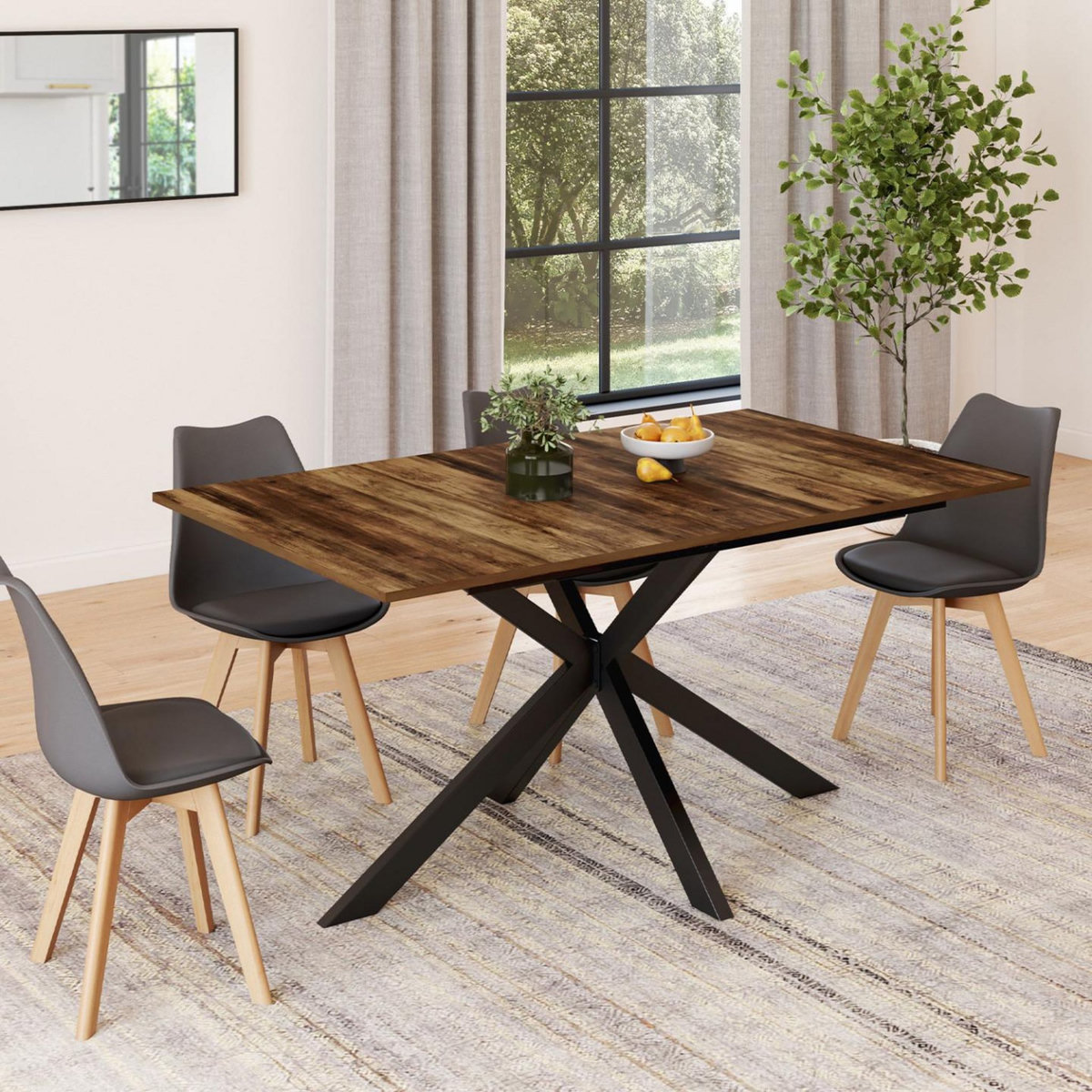 ID MARKET Table à manger extensible rectangle ALIX plateau HAWKINS 6-10 personnes bois foncé et noir 160-200 cm
