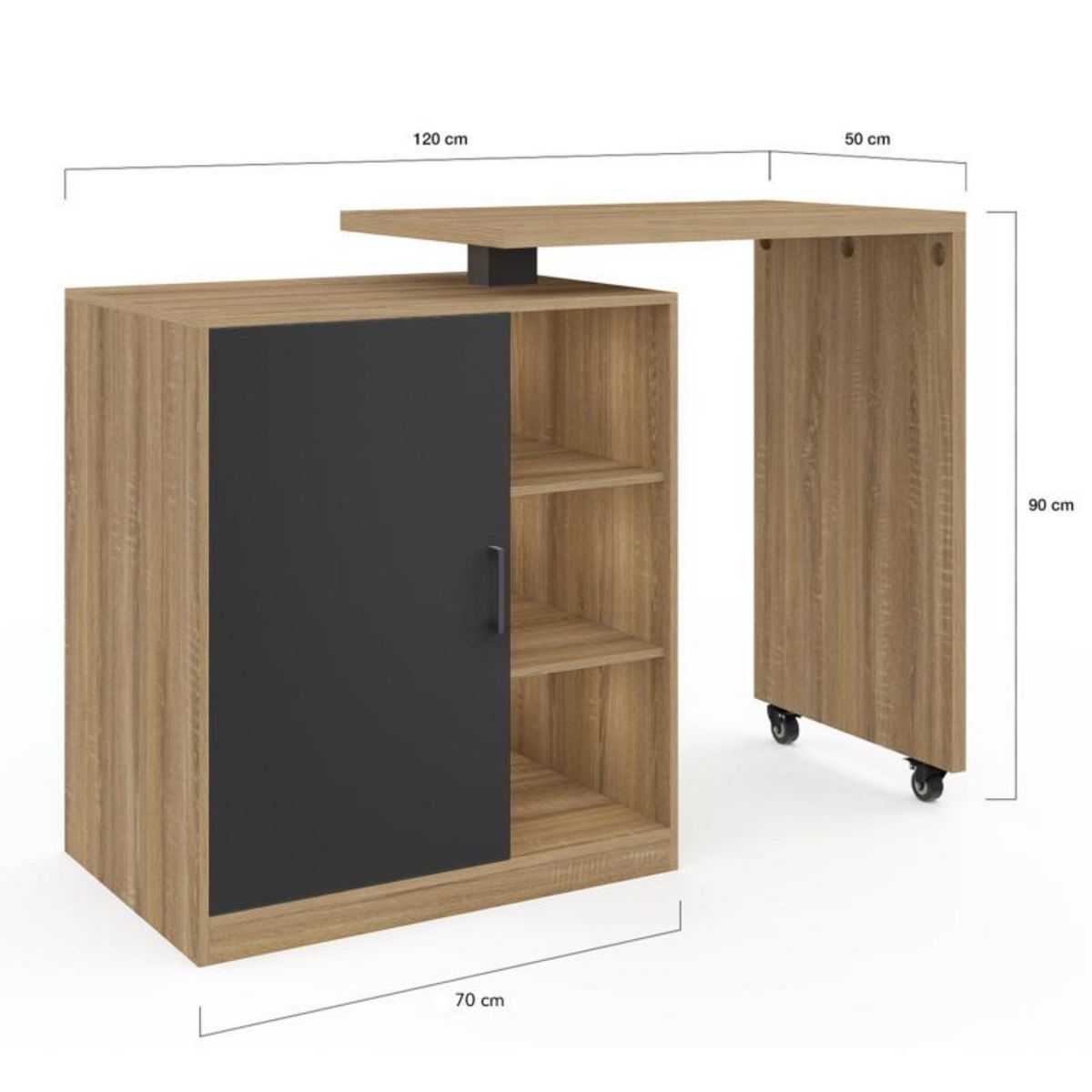 ID MARKET Ilot rotatif POLO meuble de bar pivotant 2 en 1 imitation hêtre porte noire