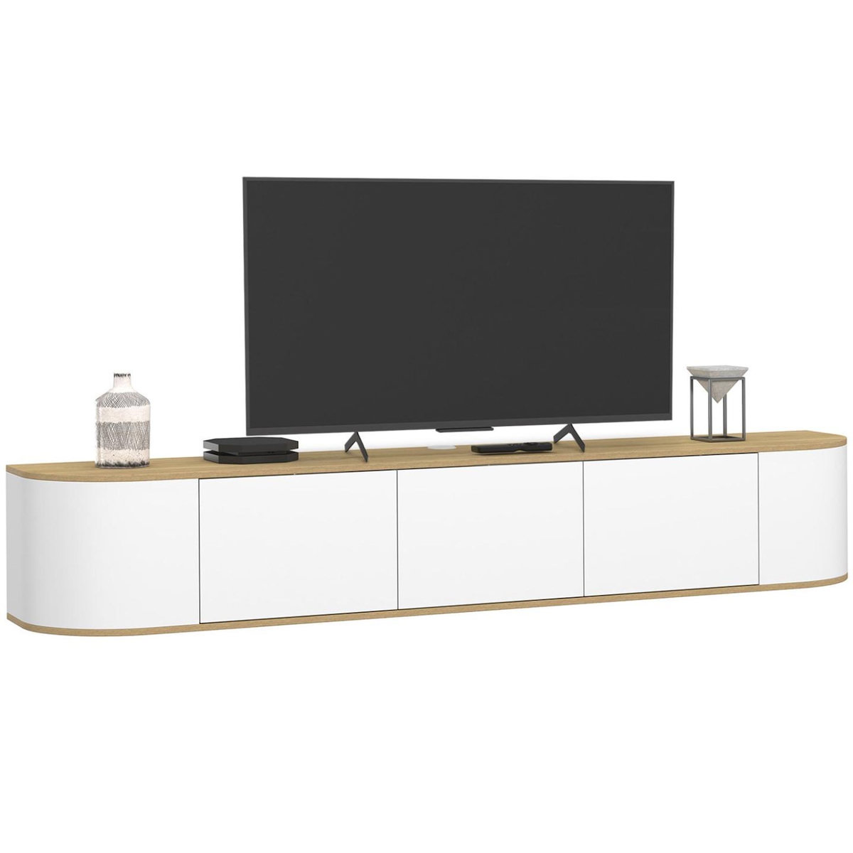 ID MARKET Meuble TV 180 cm suspendu LEORA 3 portes bois et blanc