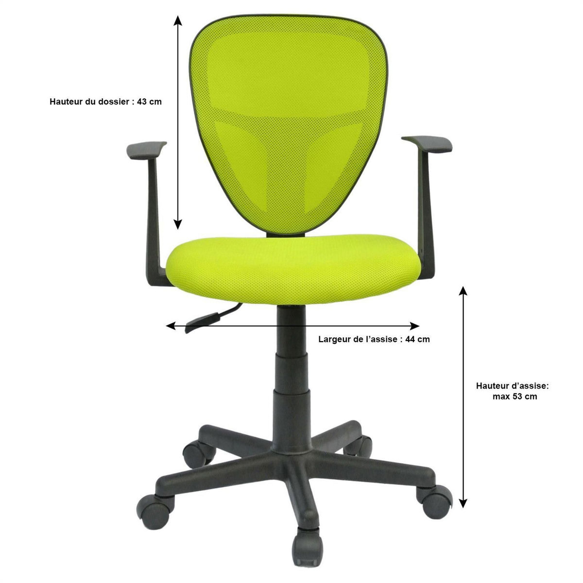 IDIMEX Chaise de bureau pour enfant STUDIO fauteuil pivotant et ergonomique avec accoudoirs, siège à roulettes hauteur réglable, mesh vert